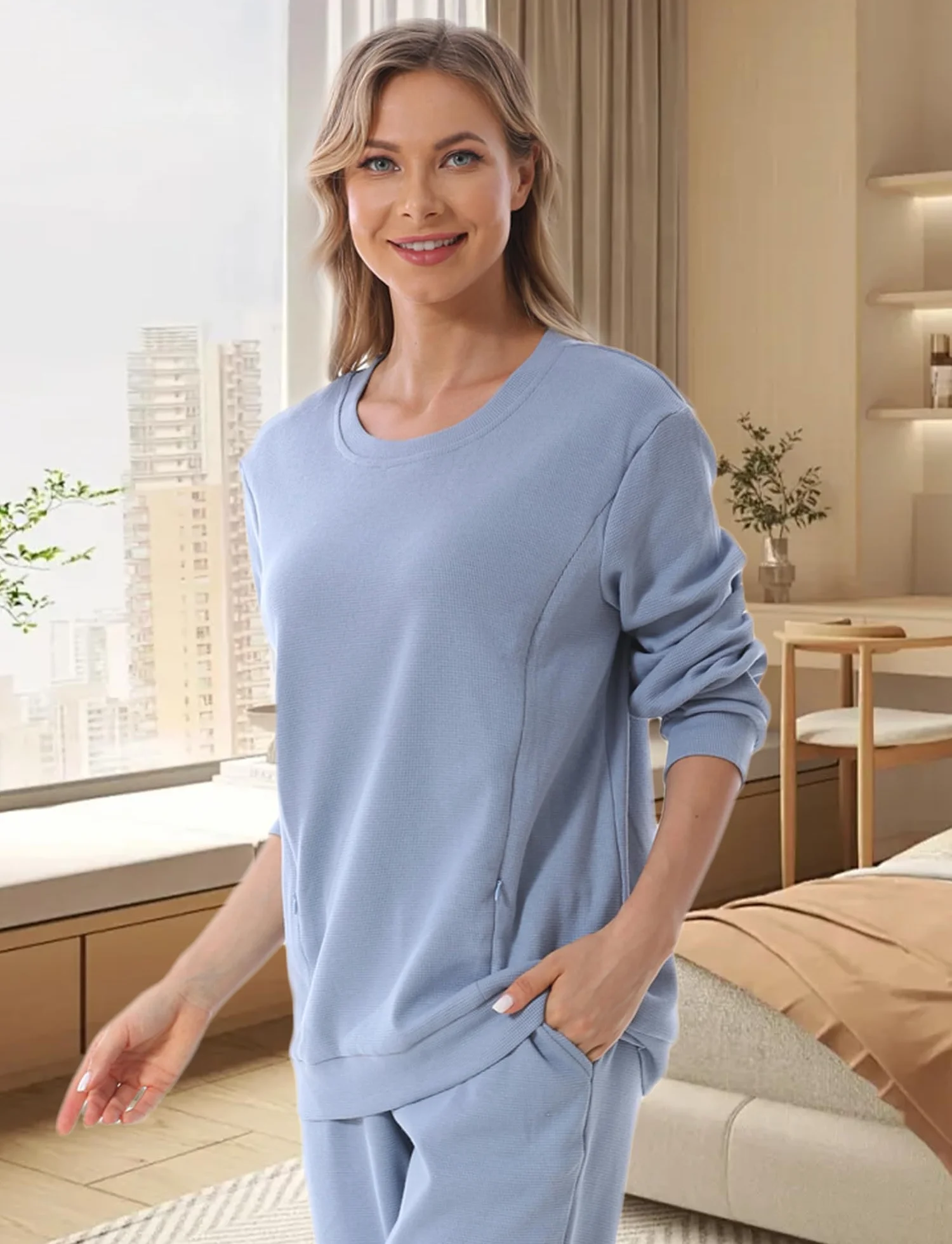 FEOYA Hauts à Manches Longues pour Femmes Enceintes Sweat-Shirts de Maternité Col Rond Doux Chaud Pull d'Allaitement Automne Hiver