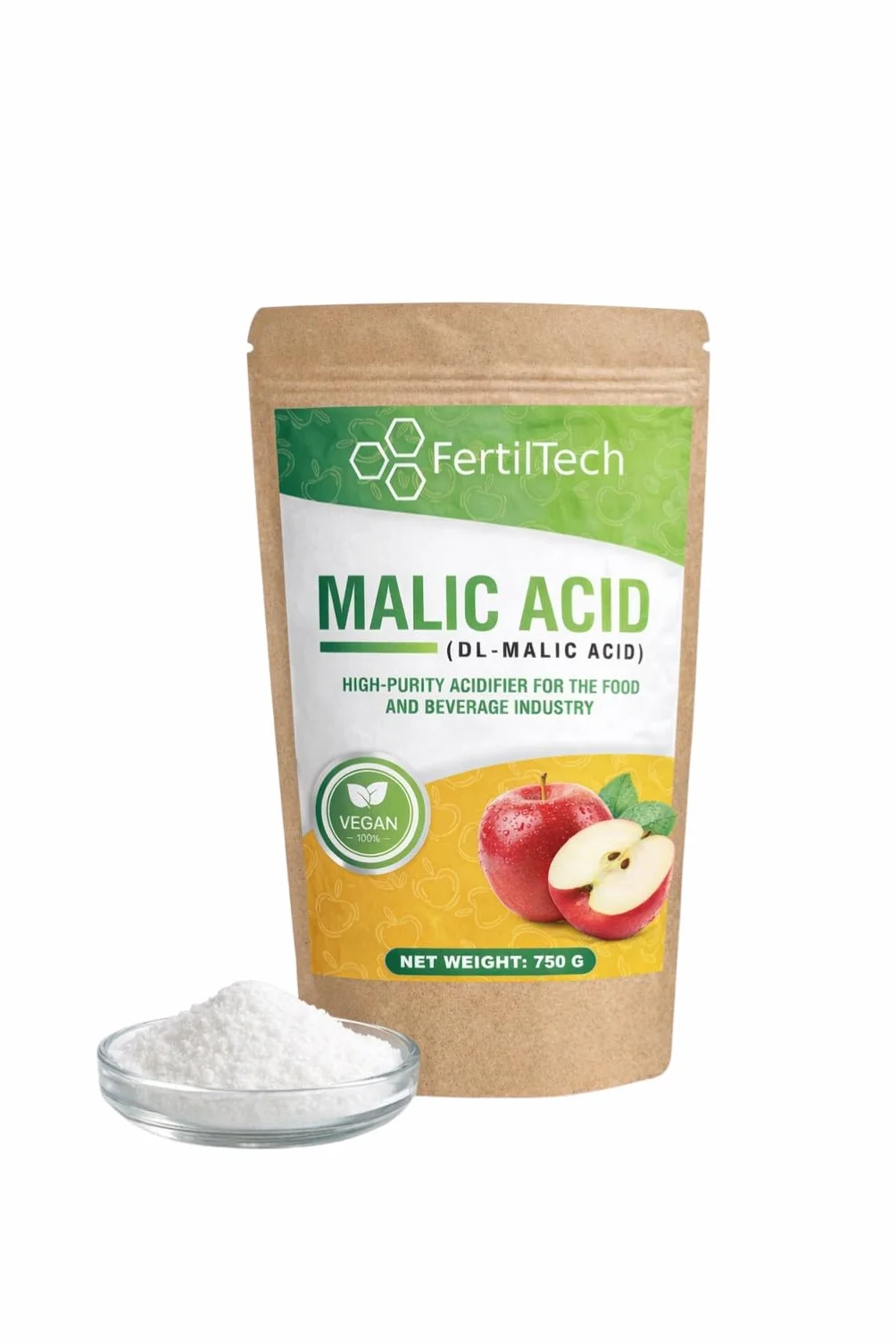 FertilTech Acide Malique Alimentaire 750 g Acidifiant Naturel Qualité Alimentaire Pour Boissons Confiseries et Pâtisseries Goût Acidulé Fruité Convient aux Recettes Maison Formule Vegan