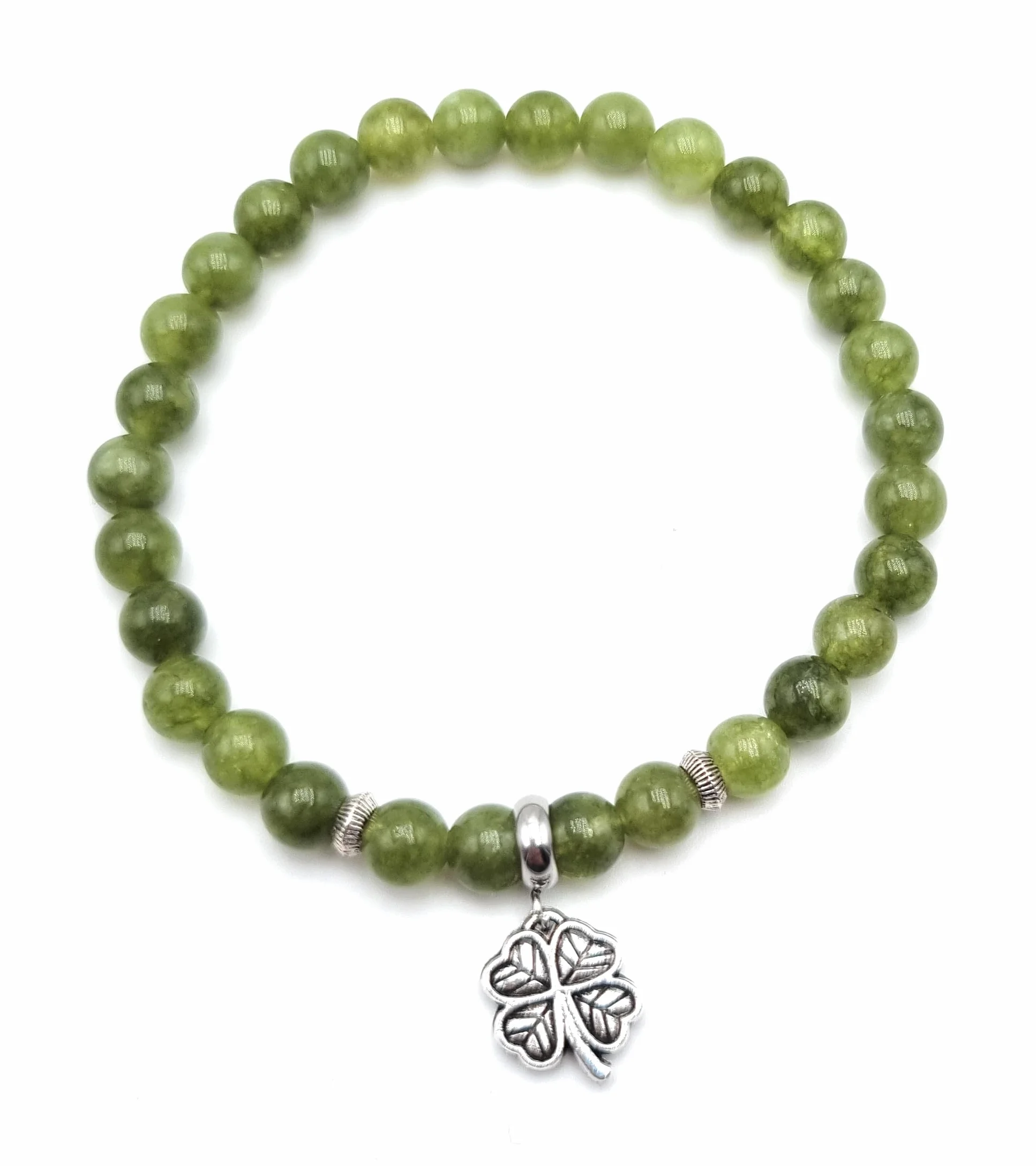 Bracelet Porte Chance Pierres Naturelles Jade Émeraude Qualité AAA Pendentif Trèfle à Quatre Feuilles Acier Inoxydable Argenté Perles Rondes 6 mm