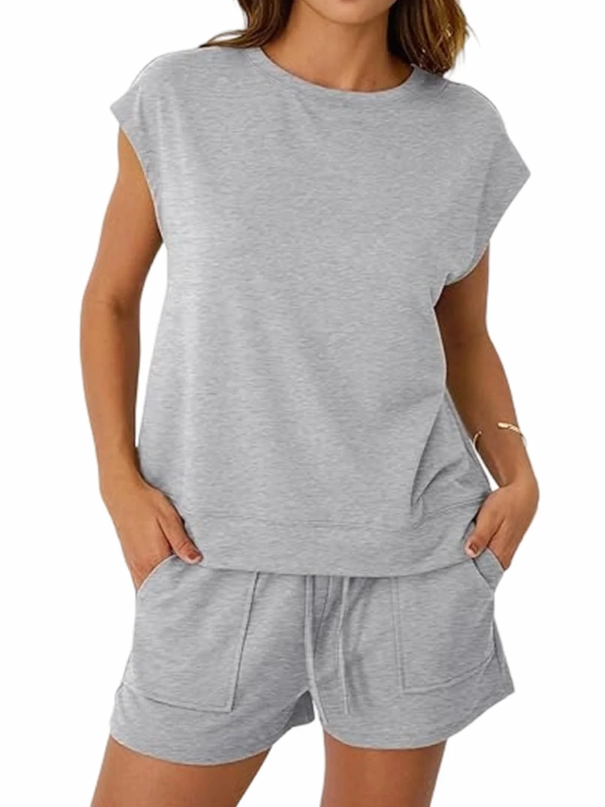 Ensemble Femme Ete 2 Pièces Chic Elegant Survêtement sans Manches Col Rond Short Poches Tenue Sport