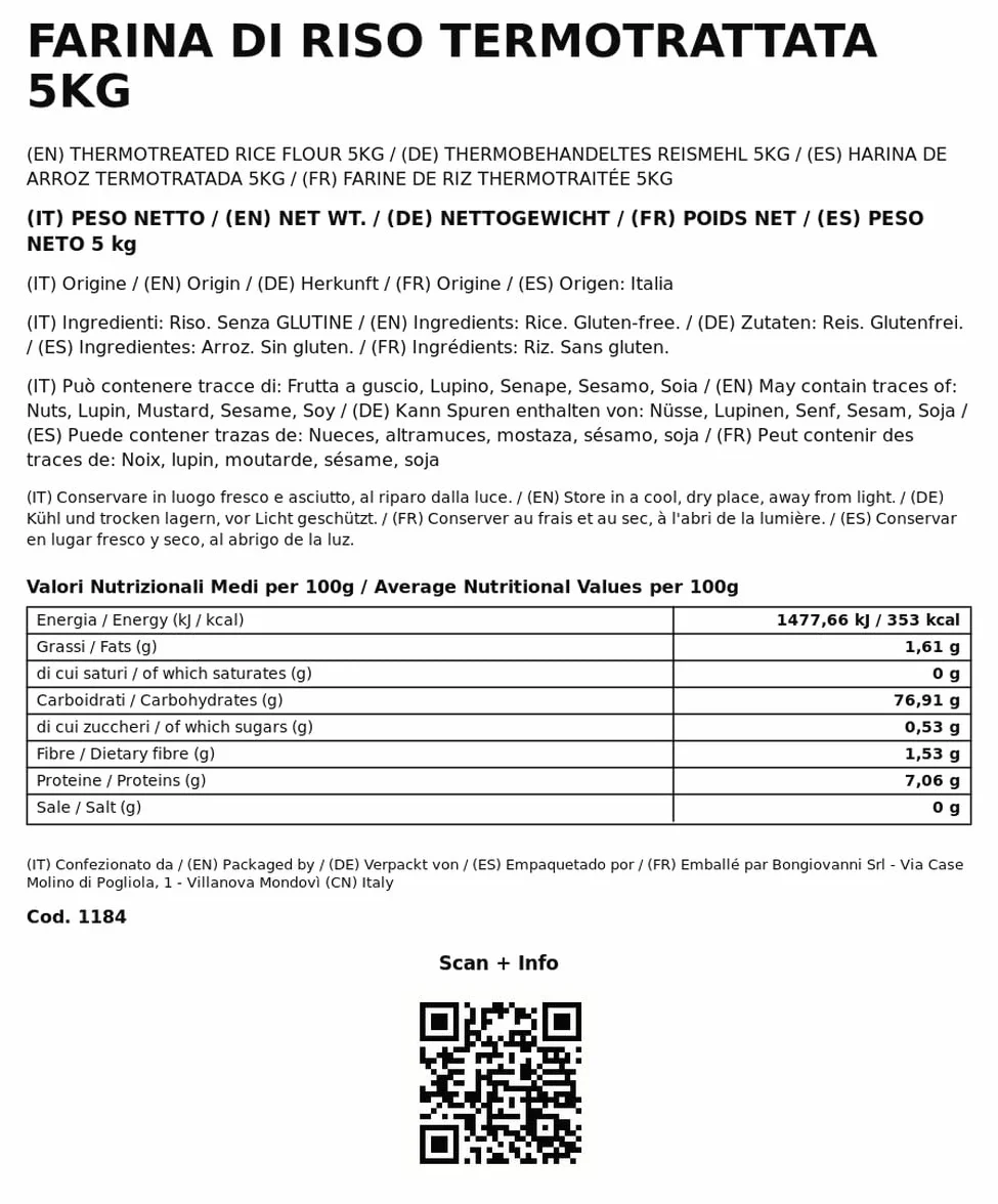 Bongiovanni Bontà Naturali Farine de Riz Traitée Thermiquement Sans Gluten Saveur Naturelle en Poudre 5 kg