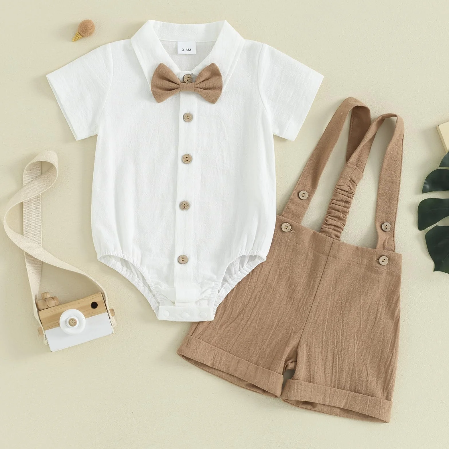 Ensemble Gentleman Bébé Garçon 2 Pièces Body Chemise Manches Courtes Shorts Bretelles Baptême Mariage Cérémonie