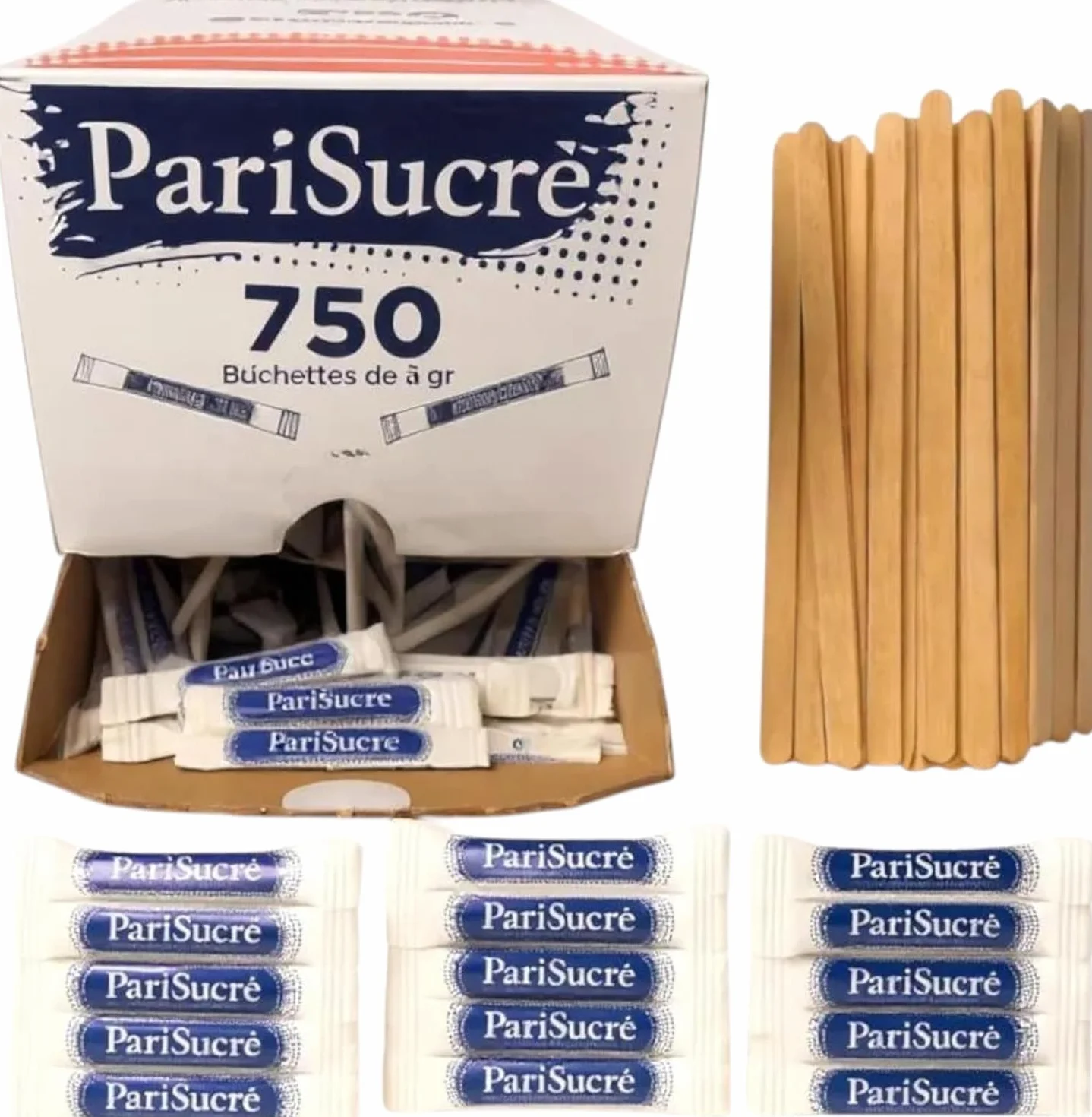 Lot de 750 Dosette Sucre Bûchettes Individuels de 3g (2,25kg) avec un lot d'agitateurs en bois - Idéal pour les Boissons Chaudes, Cafés et Thés