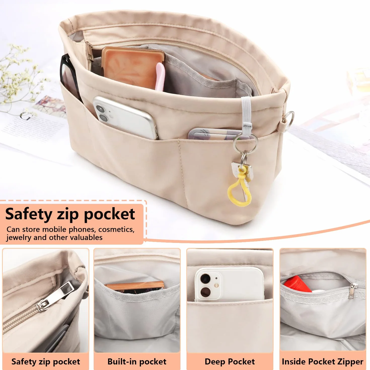 Organisateur de sac à main en nylon beige taille M avec trousseau de clés