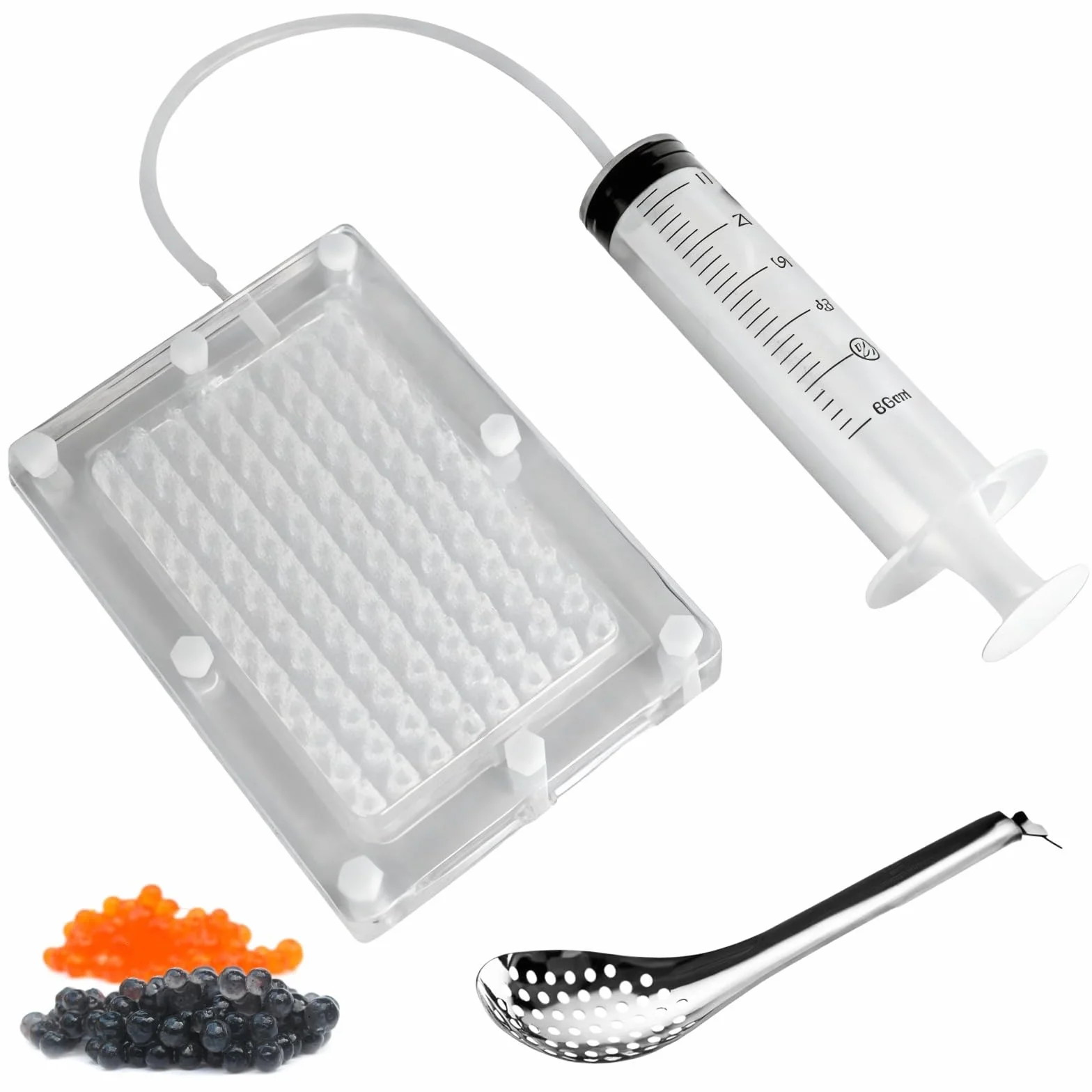 Kit de boîte à caviar moléculaire comprenant 96 boules de caviar, tube, seringue, cuillère et boîte à caviar pour une création facile de caviar sphérique