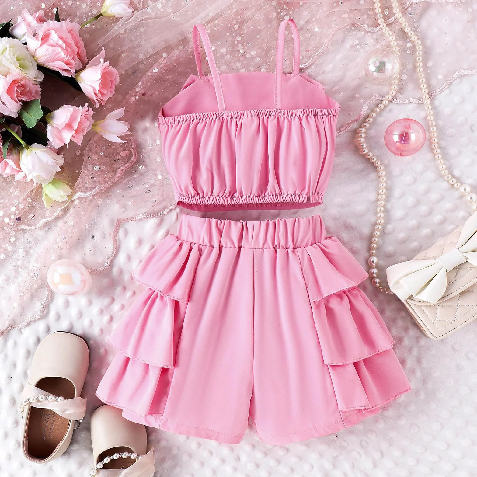 Survêtement pour enfant fille 2 pièces T-shirt short dentelle stretch été couleur unie bretelles sans manches nœud