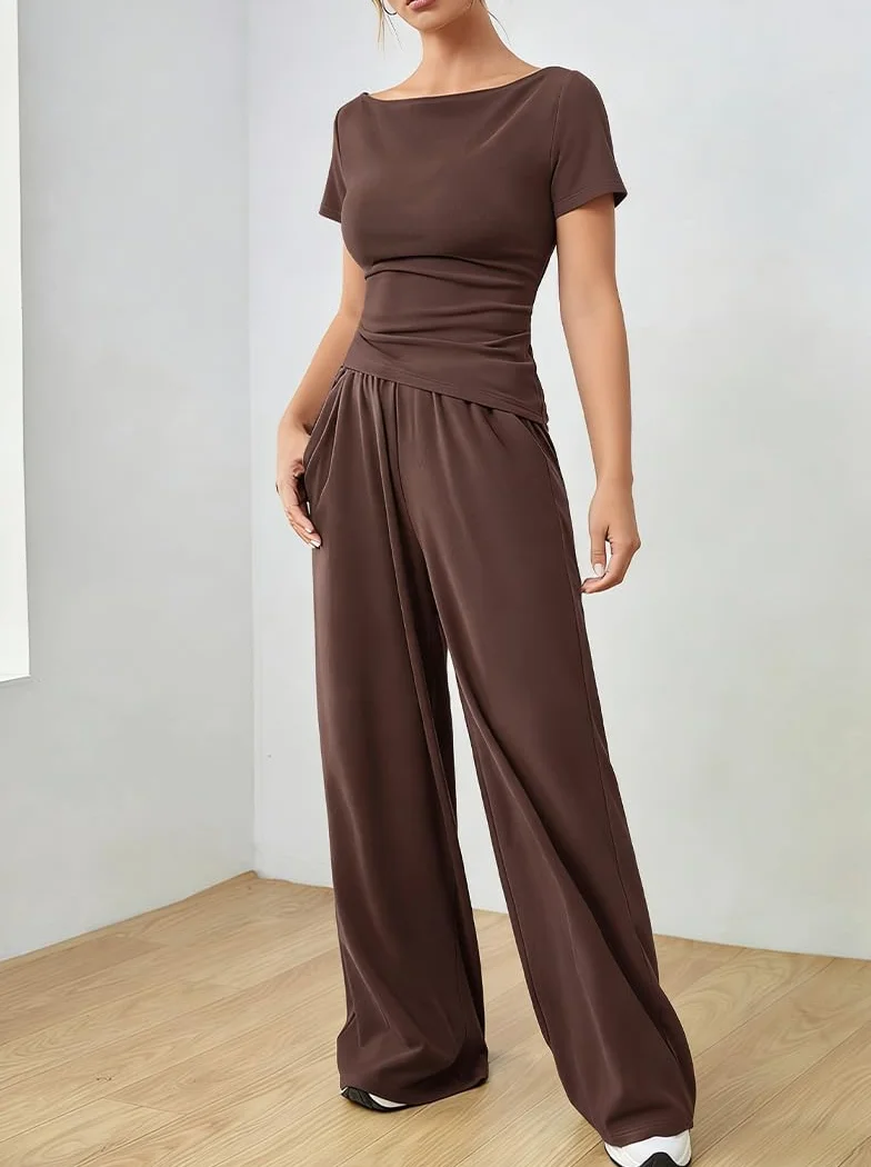 Ensemble Femme 2 Pièces Pantalon et Haut Fluide Manches Courtes avec Poches Loungewear Casual