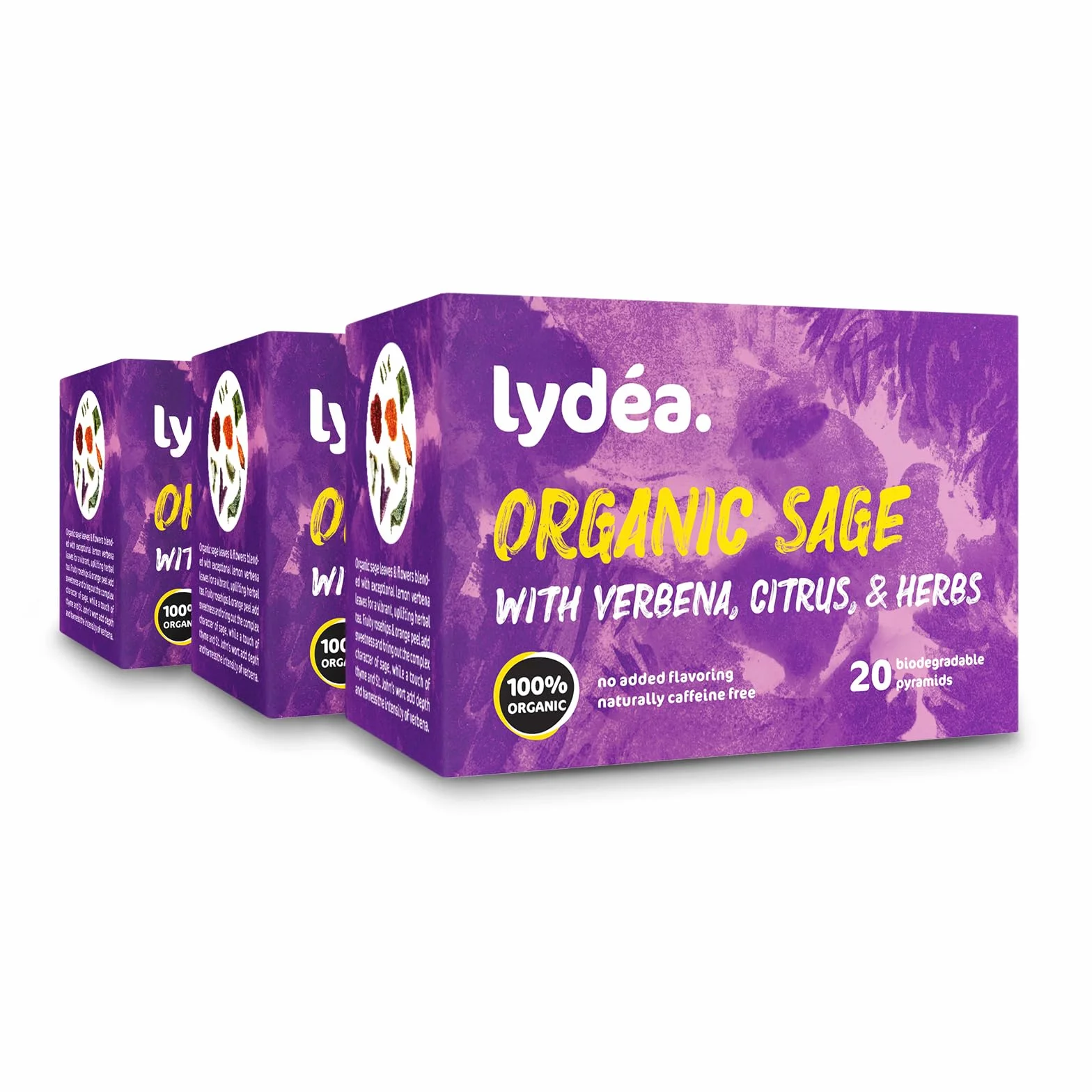 Lydea Tisane bio, sauge avec verveine, agrumes et herbes, 60 pyramides, lot de 3 [3 x 20 pyramides]