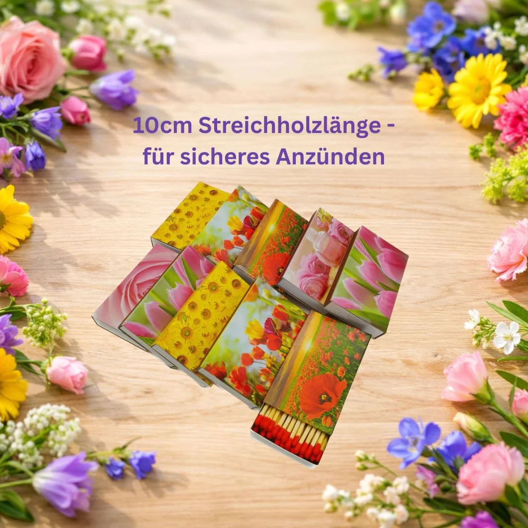 Camino 24 boîtes d'allumettes XXL 10 cm Motifs Fleurs, boîte d'allumettes pour Barbecue, cheminée, poêle, Bougies, allumettes de sécurité Motifs Fleurs Allumettes de Lance
