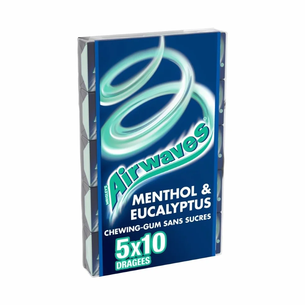 AIRWAVES Chewing Gum Sans Sucre Goût Menthol Eucalyptus Longue Durée 5 Paquets 10 Dragées 70g