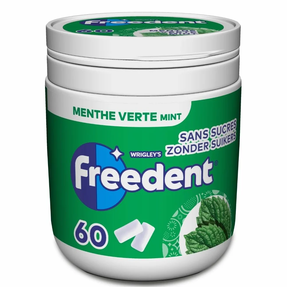 FREEDENT Chewing Gum Sans Sucre Goût Menthe Verte Boîte de 60 Dragées Grand Format