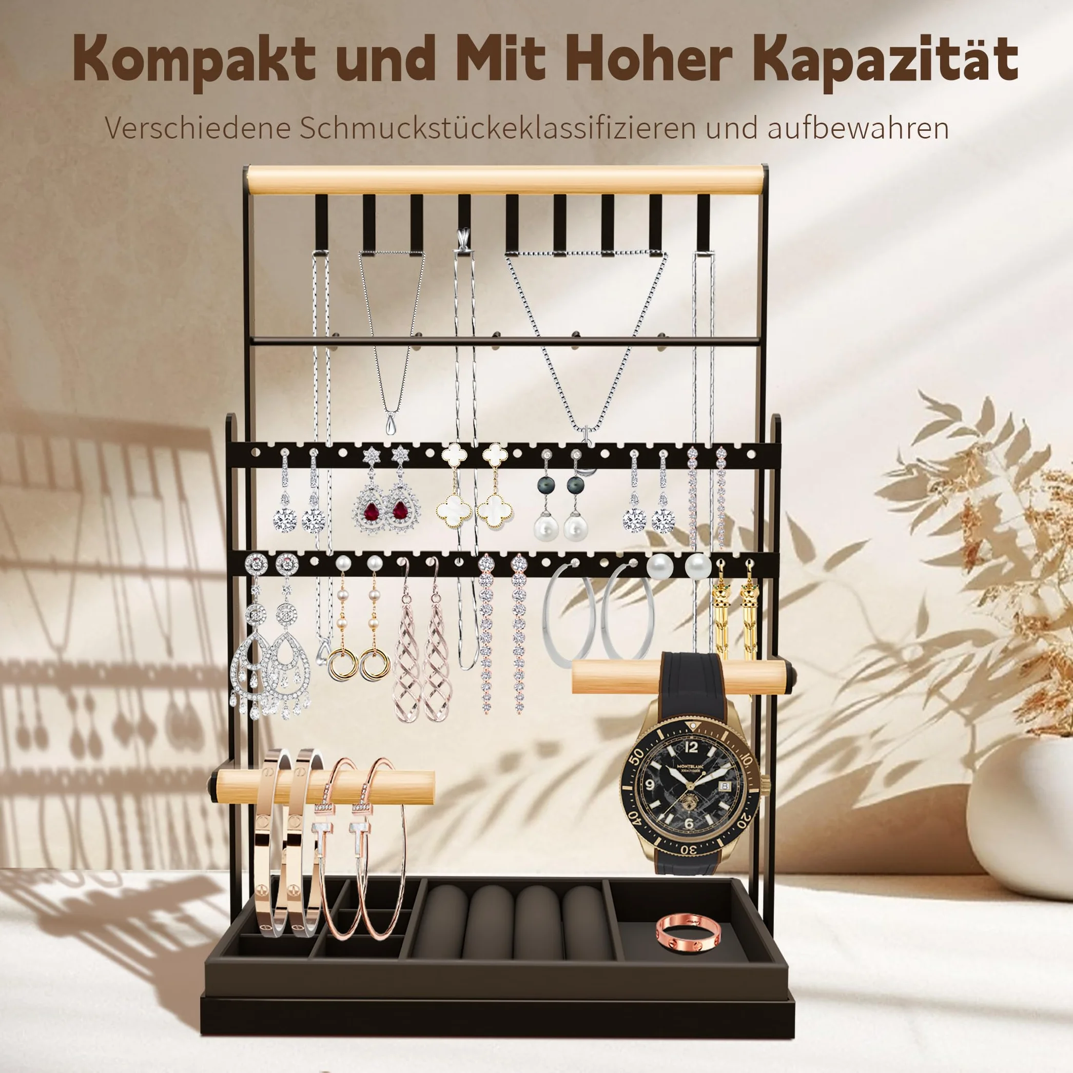 Présentoir à Bijoux Porte-Chaîne en Velours, Support de Rangement pour Chaînes Boucles d'Oreilles Bagues Bracelets Montres, Noir
