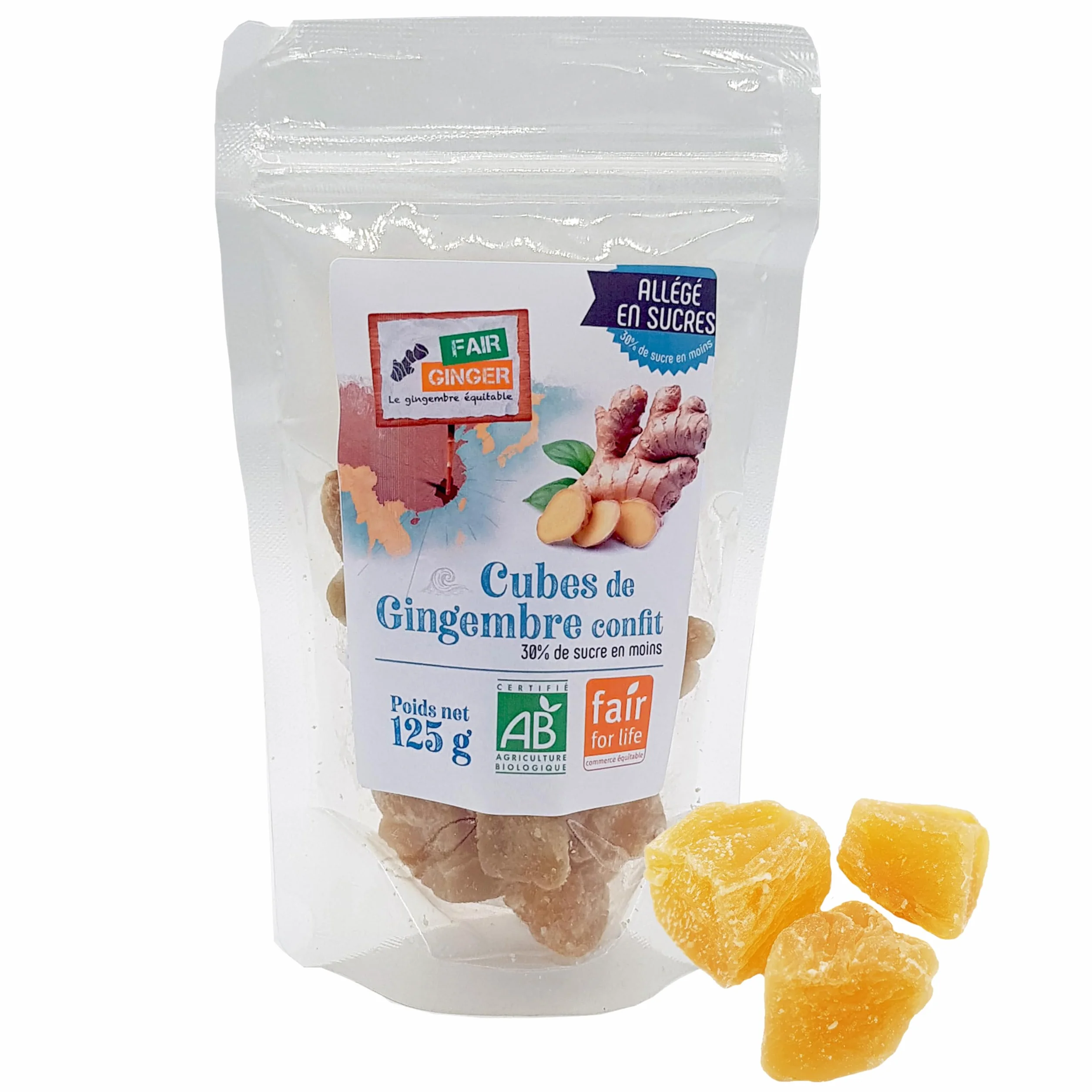 Gingembre confit allégé en sucre BIO en cubes 125G - Fair Ginger