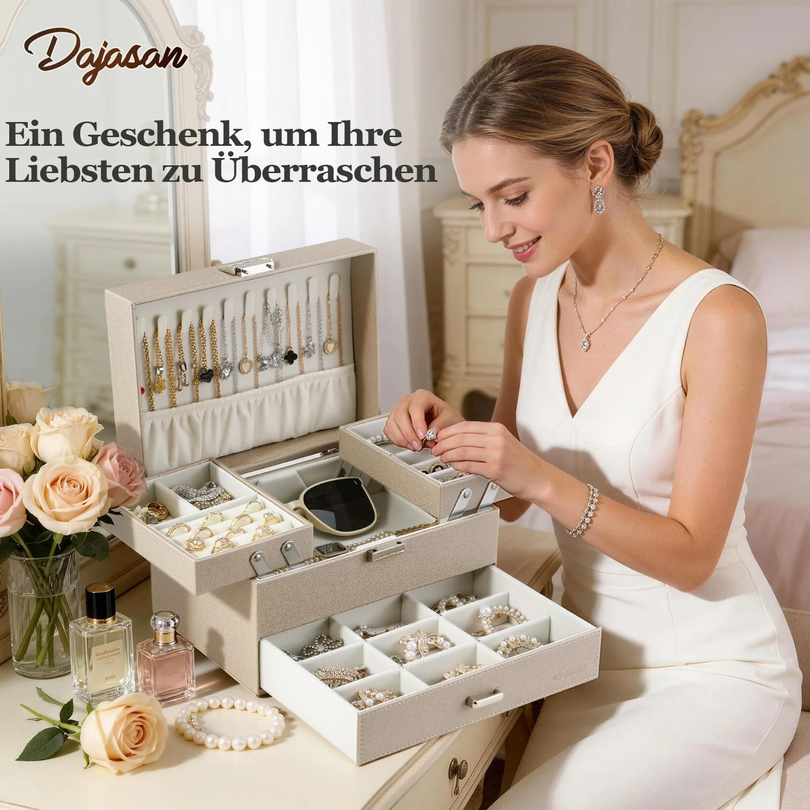 Dajasan Boîte à Bijoux 3 Couches Grande Coffret à Bijoux avec Support Métallique Mobile Cuir PU pour Coiffeuse