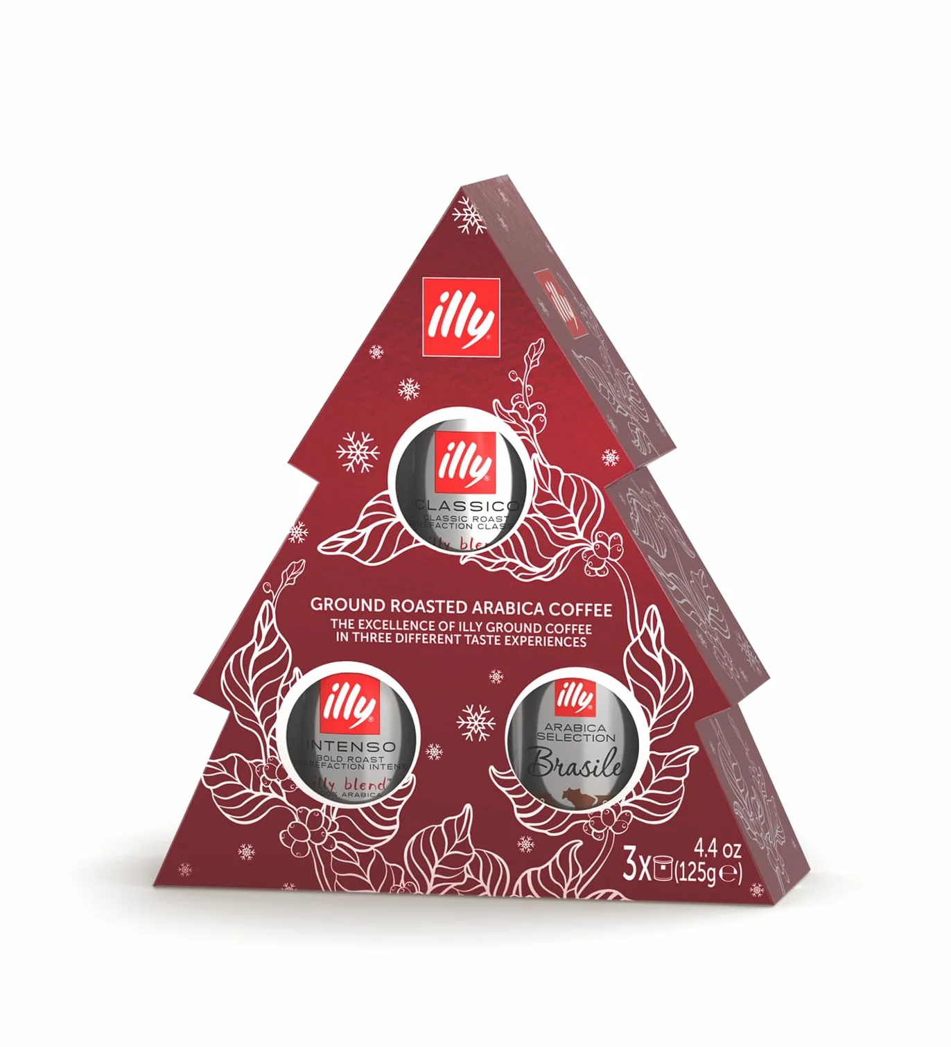 Illy, Coffret Cadeau Sapin de Noël - Trois boîtes de Café Moulu - Torréfié Classico, Torréfié Intenso, Arabica Sélection Brésil - 3 paquets de 125 gr, Total: 375 grammes