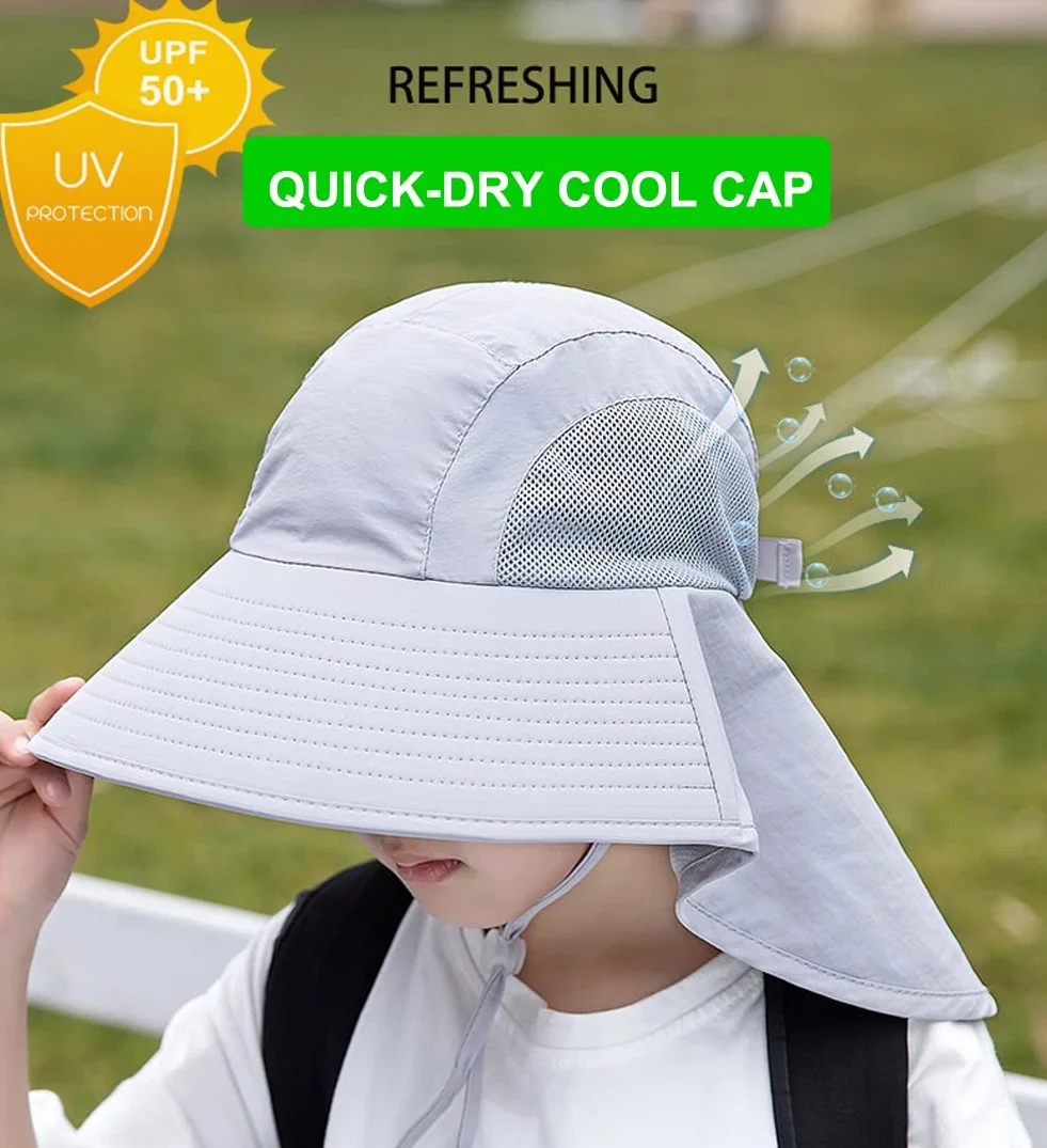 Chapeau de Soleil Anti-UV UPF50+ pour Enfants 5-13 Ans Large Bord Respirant Séchage Rapide Plage Cyclisme