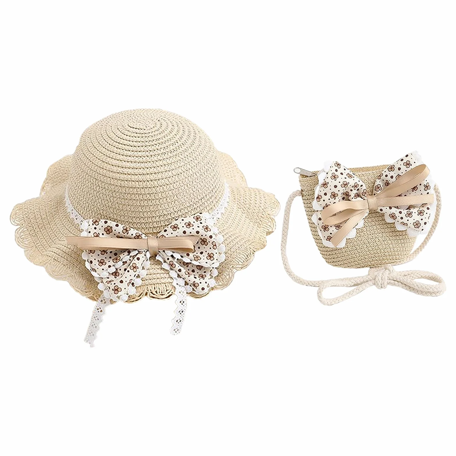 Chapeau de Paille Fille avec Sac en Paille Décoration Noeud Papillon Enfant 3-7 Ans Plage