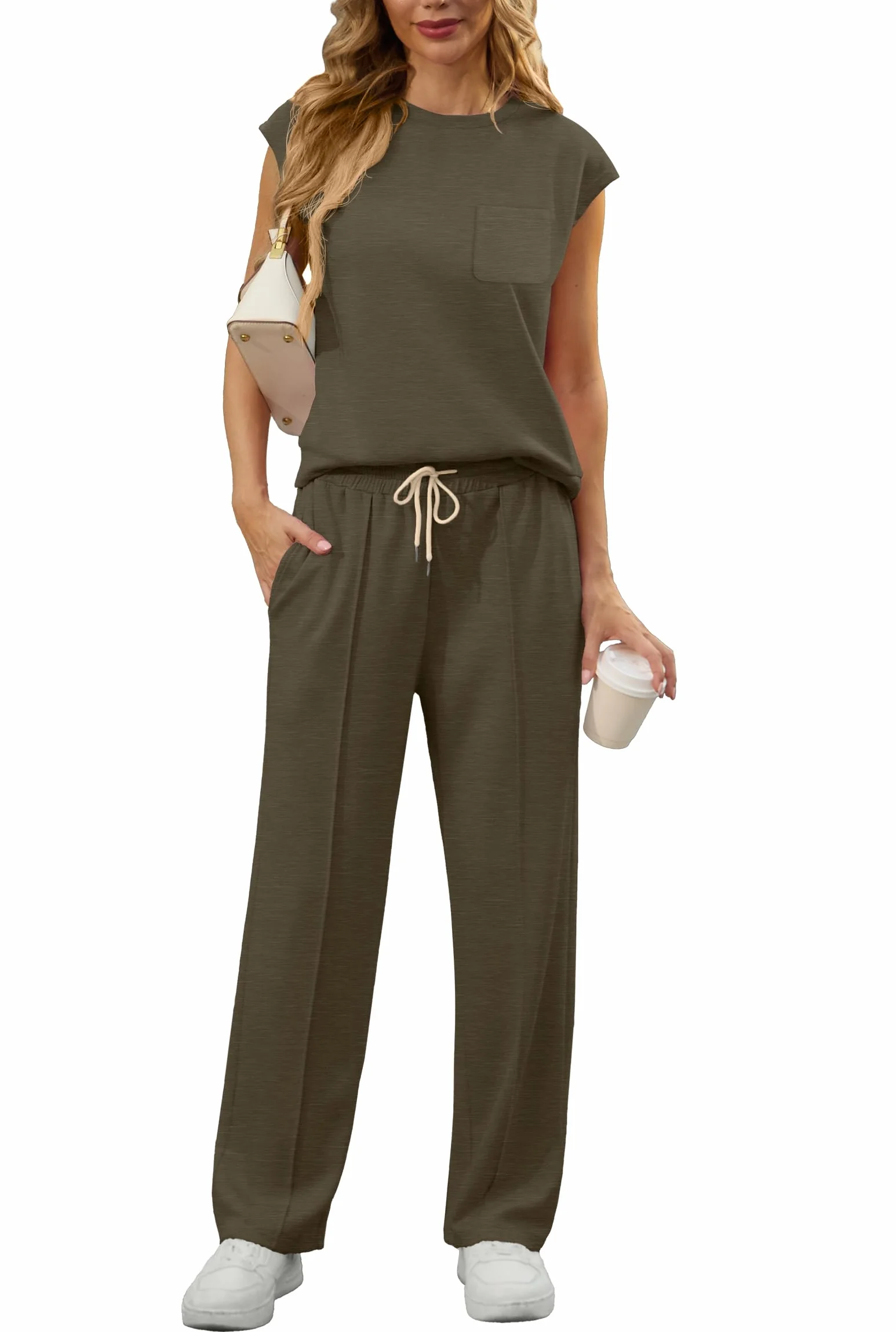 GRECERELLE Survêtement deux pièces Femmes Ensemble Casual Crew Neck Cap Sleeve Tops et Jogging avec Poches