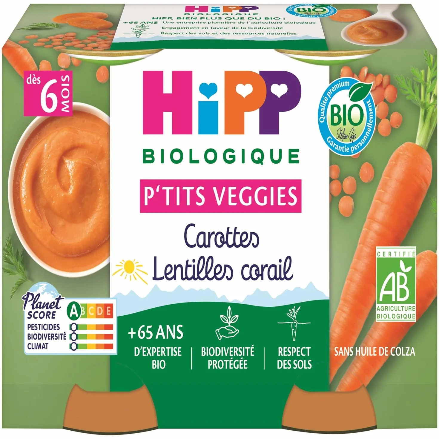 HiPP - P'tits Veggies - Carottes Lentilles Corail - Pots 2x125g - Lot de 6 - BIOLOGIQUE