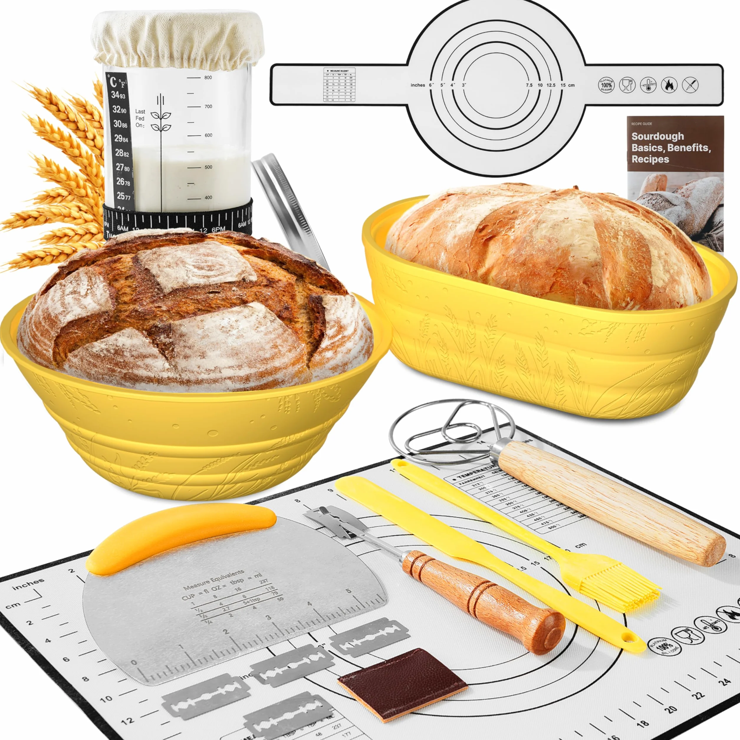 BICRET Lot de 15 accessoires de cuisson au levain avec panier de fermentation motif de blé, verre de fermentation, thermomètre, panier à pain, couteau à pâte, cadeau pour débutants (jaune)