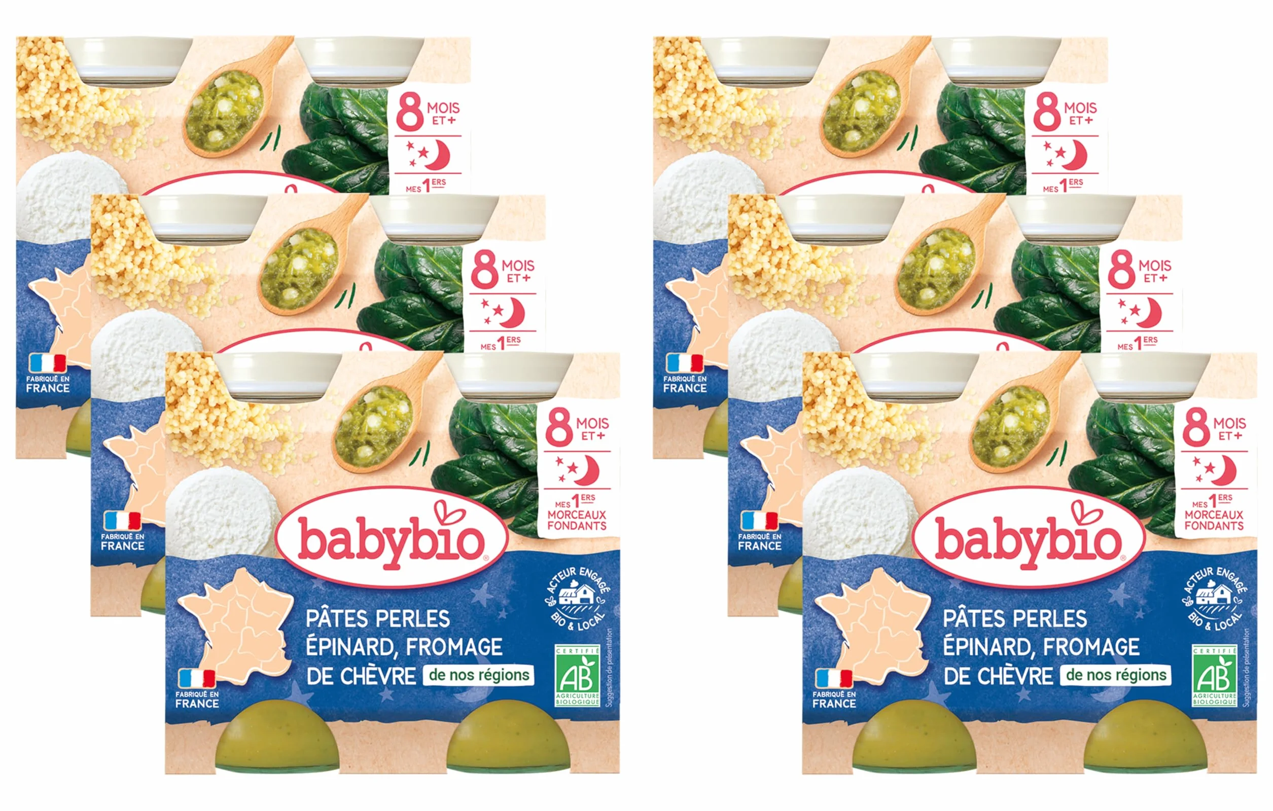 Babybio - Petits pots - Pâtes perles Epinard & Fromage de chèvre avec morceaux - BIO - 8+ mois - 2x200g - Lot de 6