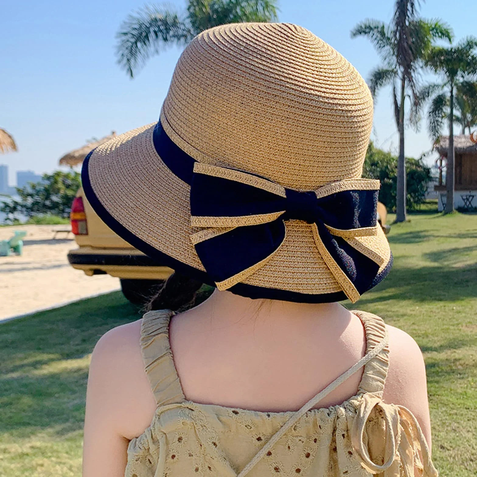 RUIXIA Chapeau de Paille pour Fille Large Bord avec Nœud Papillon Pliable d'été 3-8 Ans