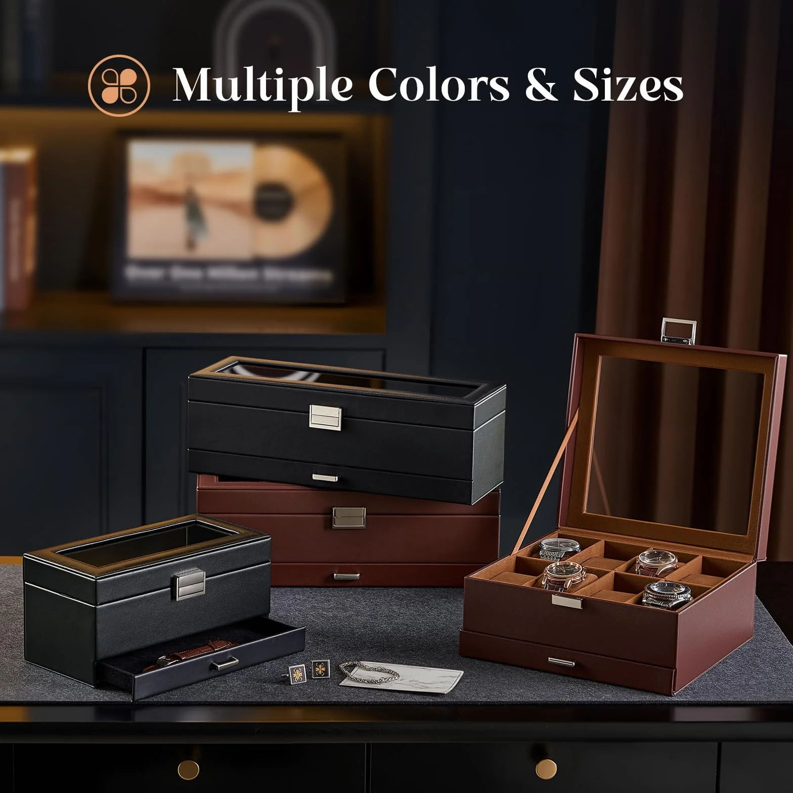 ProCase Coffret de Rangement pour Montres 2 Niveaux 8 Compartiments 1 Tiroir Couvercle Transparent Marron