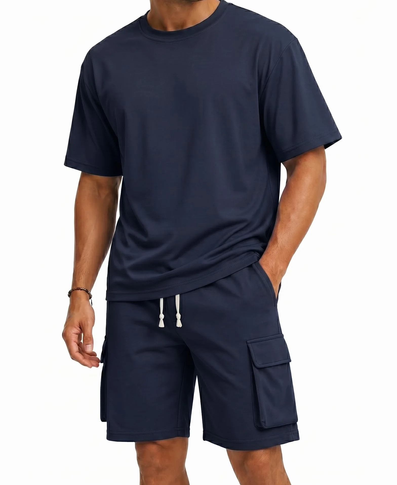 Survêtement Homme 2 Pièces Ensemble T-shirt et Short Cargo avec Poches