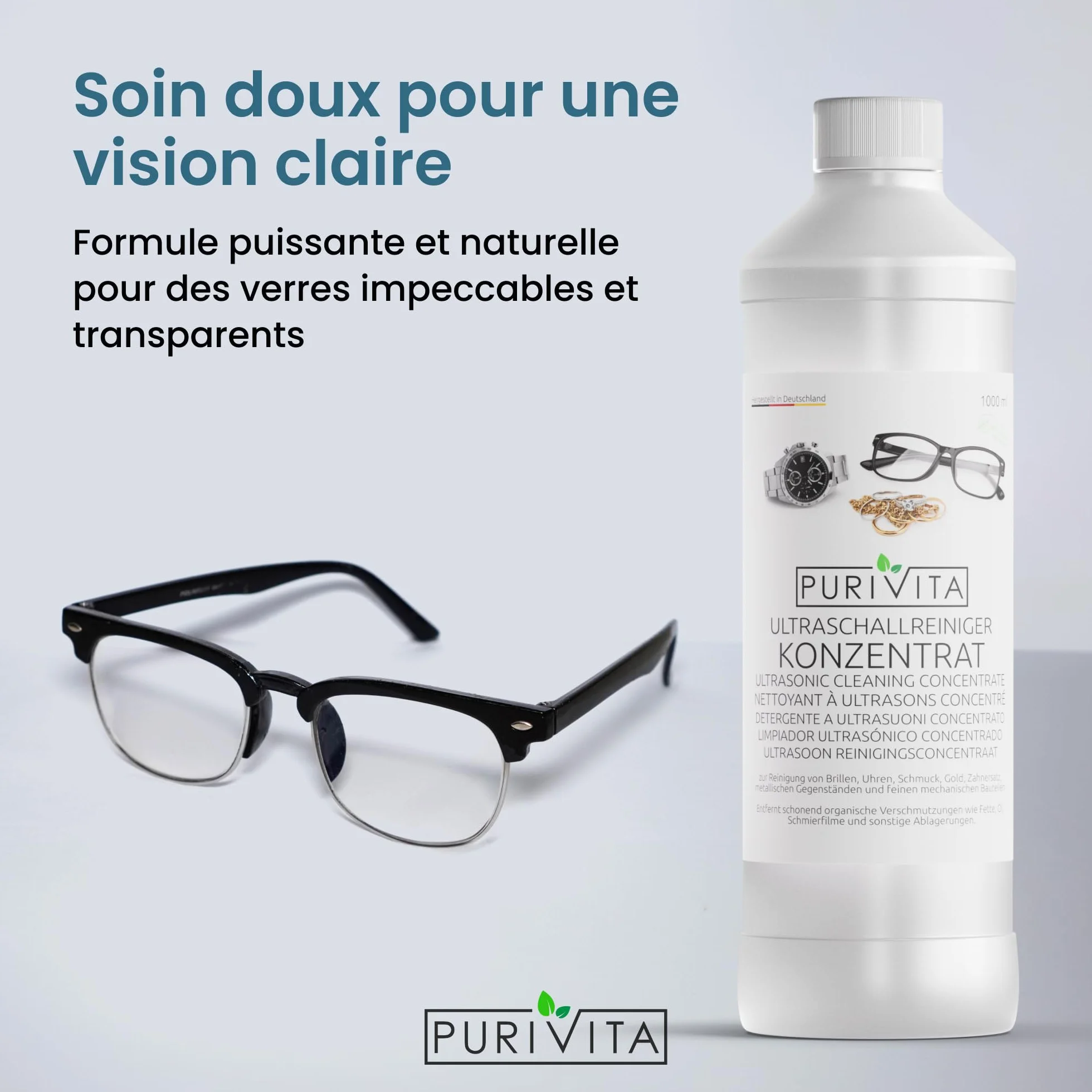 PURIVITA Nettoyeur Ultrasons Concentré 1L - Nettoyant pour Appareils Ultrasons - Liquide pour Lunettes, Bijoux & Monnaie