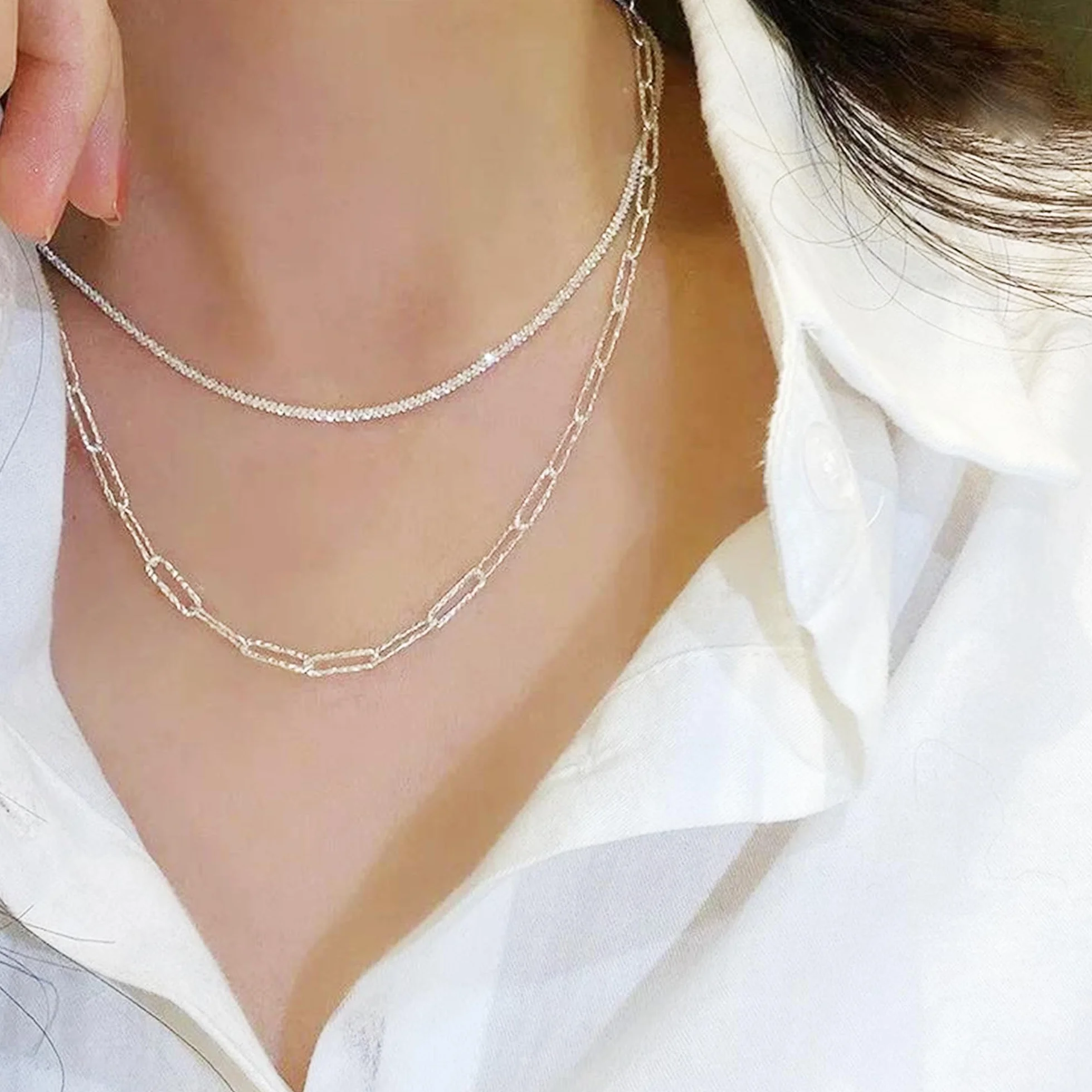 Avotto S925 Collier en argent sterling 2 mm avec diamants Chaîne étincelante 14-28 pouces
