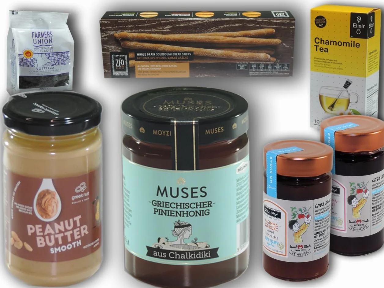 Sweet Greece Coffret Petit-Déjeuner|Produits grecs(7 pièces).Miel de Chalcidique,confitures sans sucre,raisins secs,thé à la camomille,beurre de cacahuète,gressins.Petit-déjeuner méditerranéen sain.