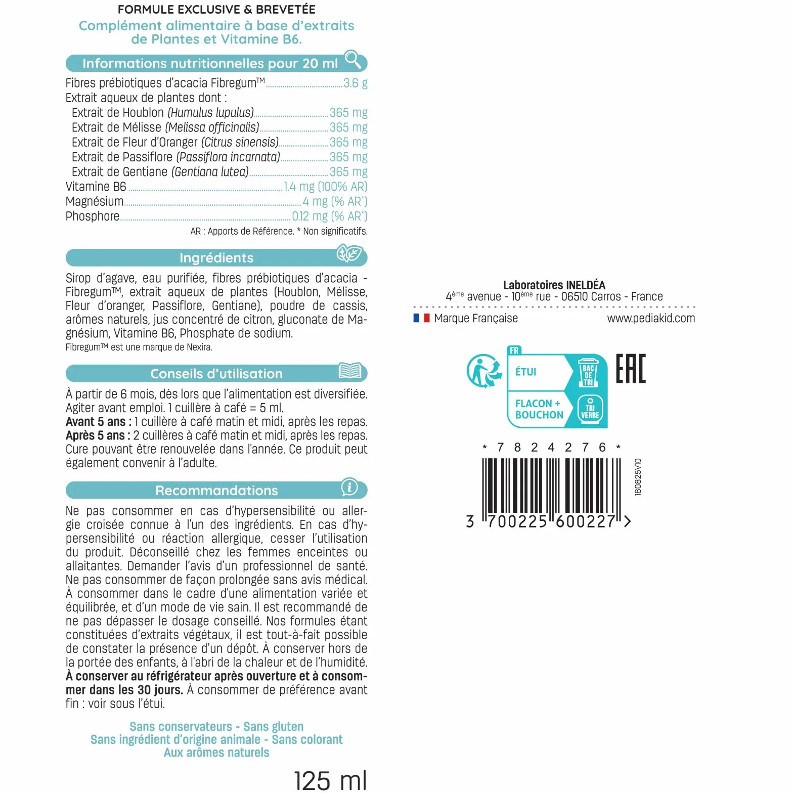 PEDIAKID - Sirop Nervosité - Complément alimentaire naturel - Formule exclusive au sirop d'Agave - Favorise l'apaisement & l'équilibre émotionnel - Réduit l'agitation - Goût Cassis - Flacon de 125 ml