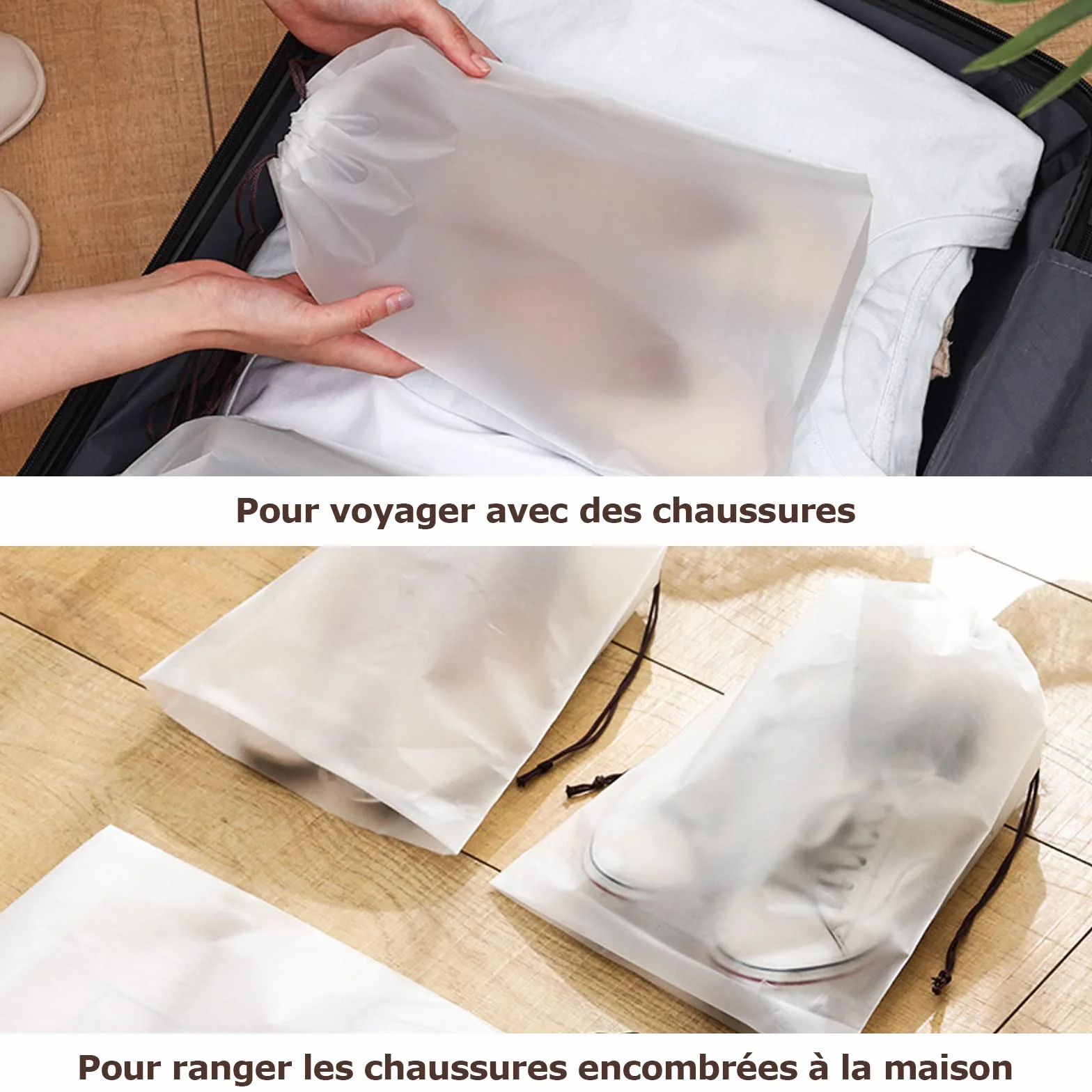 Lot de 60 Sacs à Chaussures de Voyage 40x30CM Transparents avec Cordon