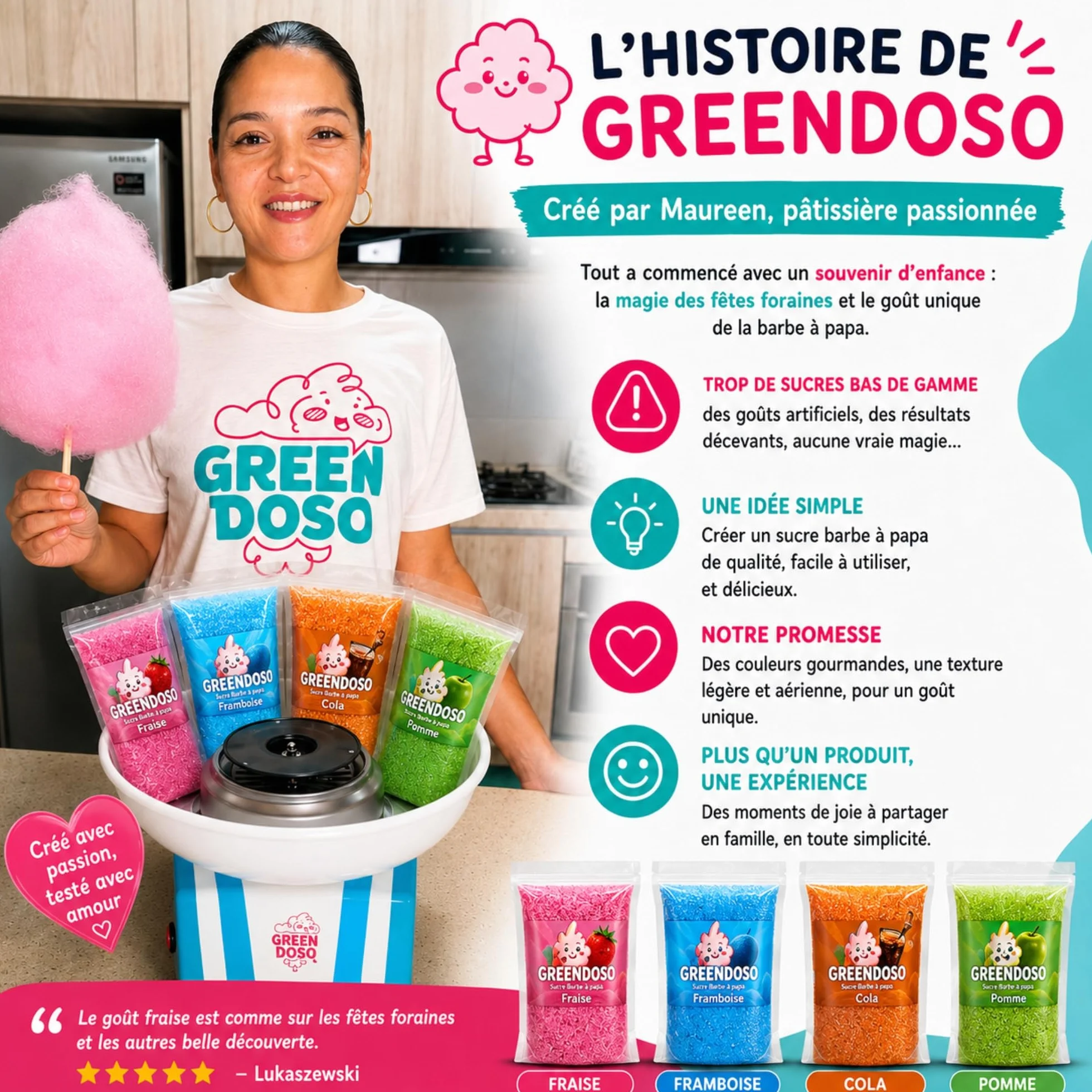 GREENDOSO® Sucre Barbe à Papa pour Machine (4x320 gr) – Lot de 4 Goûts (Fraise/Cola/Framboise/Pomme) – 50 Bâtonnets
