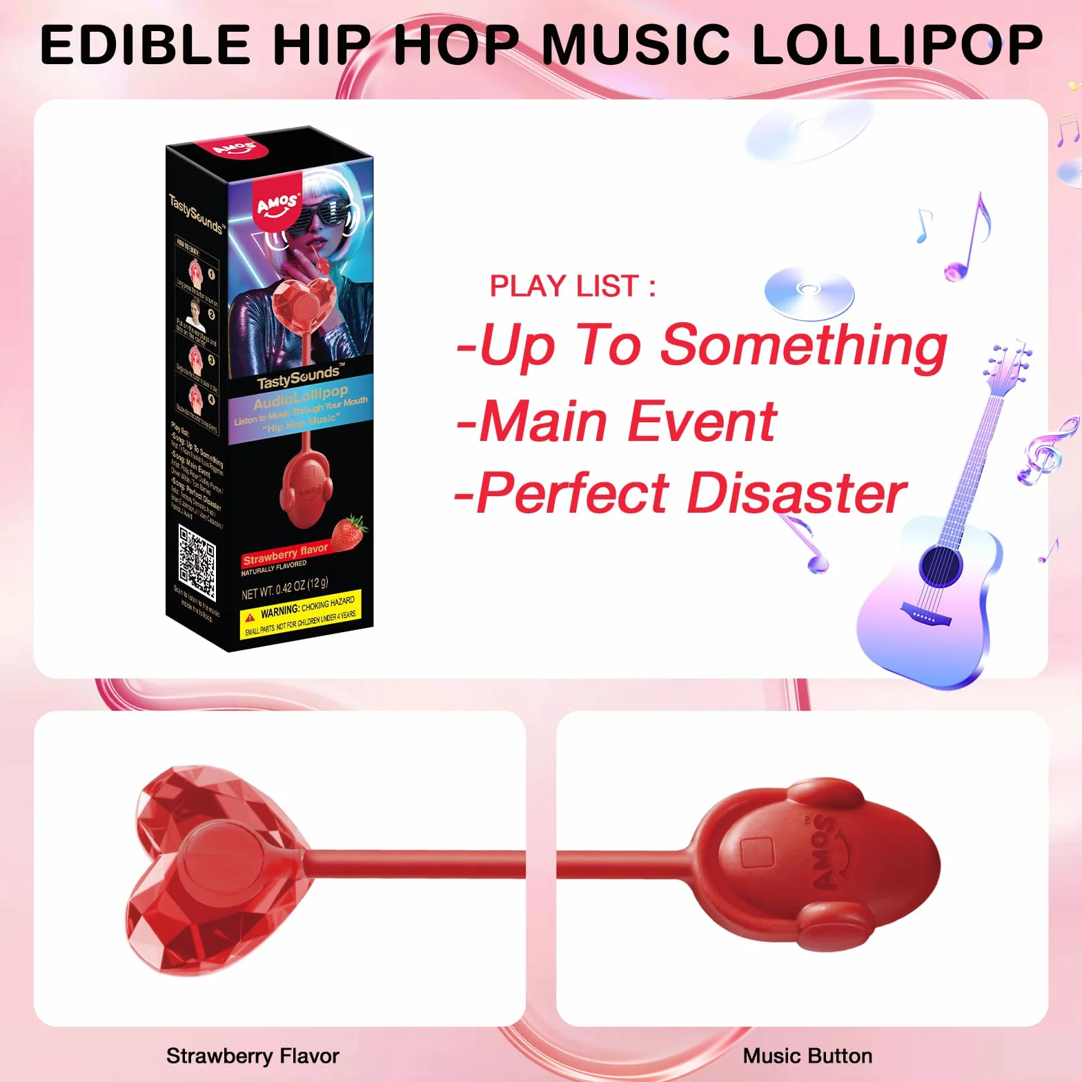 AMOS Musicales Sucette Bonbon Lollipop, 1x Strawberry Fraise Audio Sucettes, Noël Christmas Fête Sucettes Gift, Bonbon Sans Sucre Individuel Emballés Candy Parfait Pour Fête
