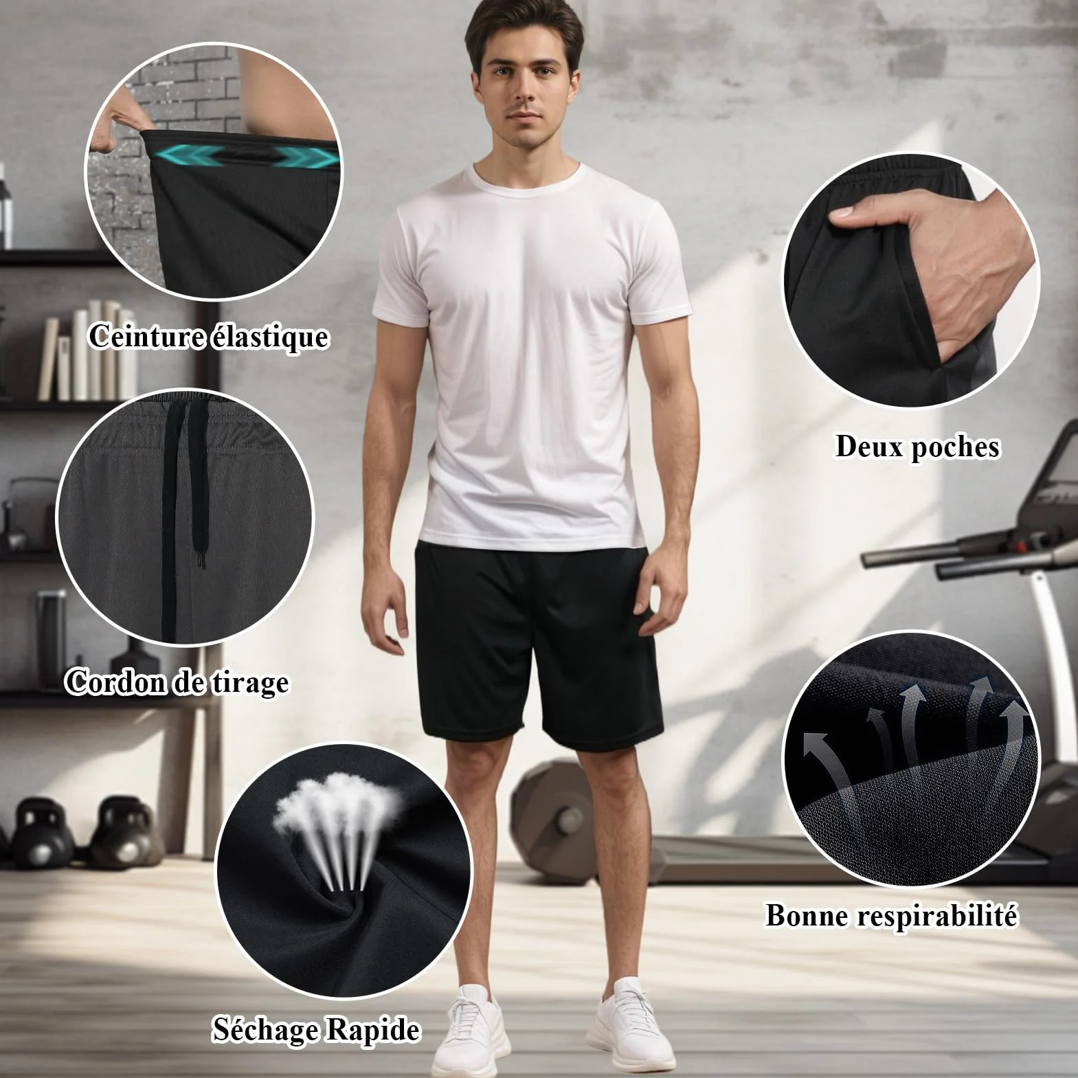 Lot de 3 Shorts de Sport pour Homme Séchage Rapide avec Poches Jogging Fitness Basketball Training Gym Tennis