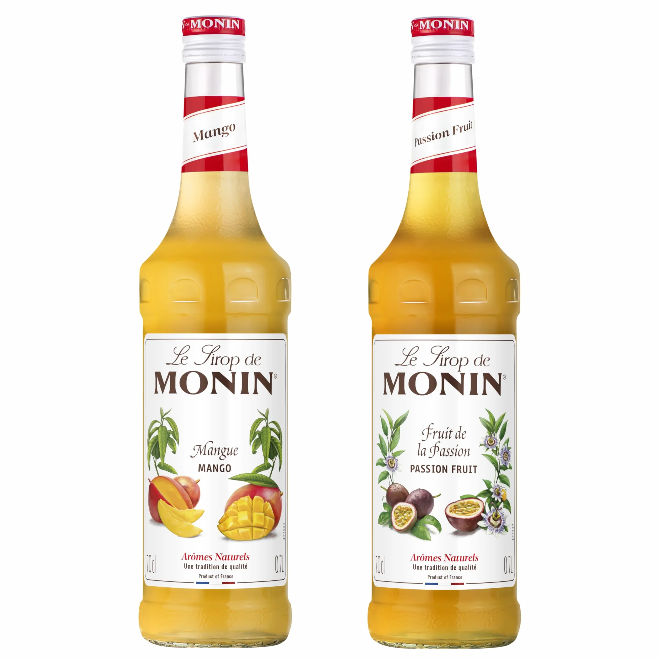 MONIN - Assortiment Sirop MONIN Saveurs Mangue et Fruit de la Passion - Pour Cocktail Avec ou Sans Alcool, Thé Glacé, Limonade - Arômes Naturels - Bouteille en Verre - 2 x 70 cl