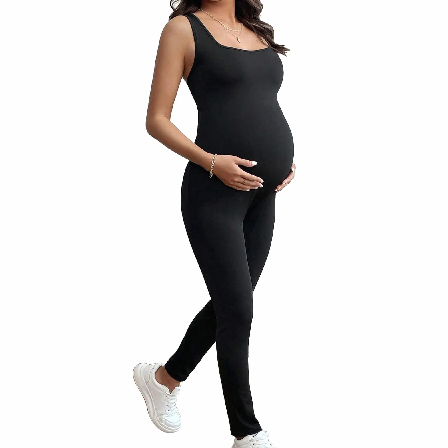 Combinaison de maternité femme col carré sans manches soutien ventre pantalon grossesse salopette extensible yoga sport