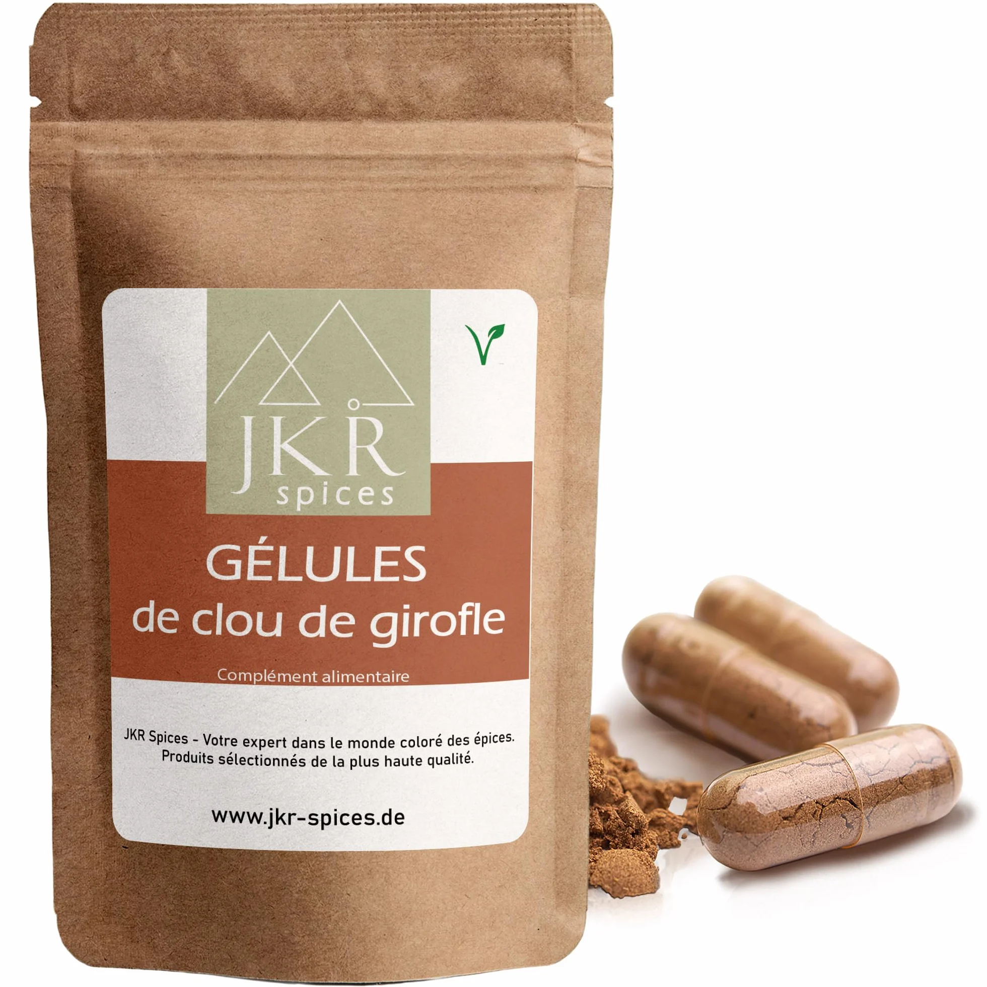 JKR Spices Lot de 420 capsules végétaliennes de clou de girofle – Capsules végétaliennes remplies de poudre de clou de girofle de haute qualité – Hautement dosées – 450 mg de clous de girofle moulus –