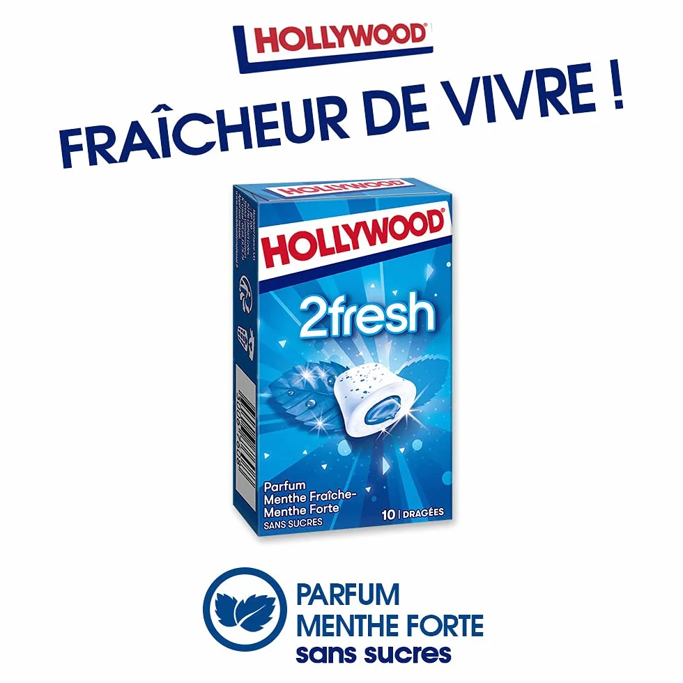 Hollywood Chewing Gum 2 Fresh Parfum Menthe Forte Sans Sucres Lot de 16 paquets 22 g