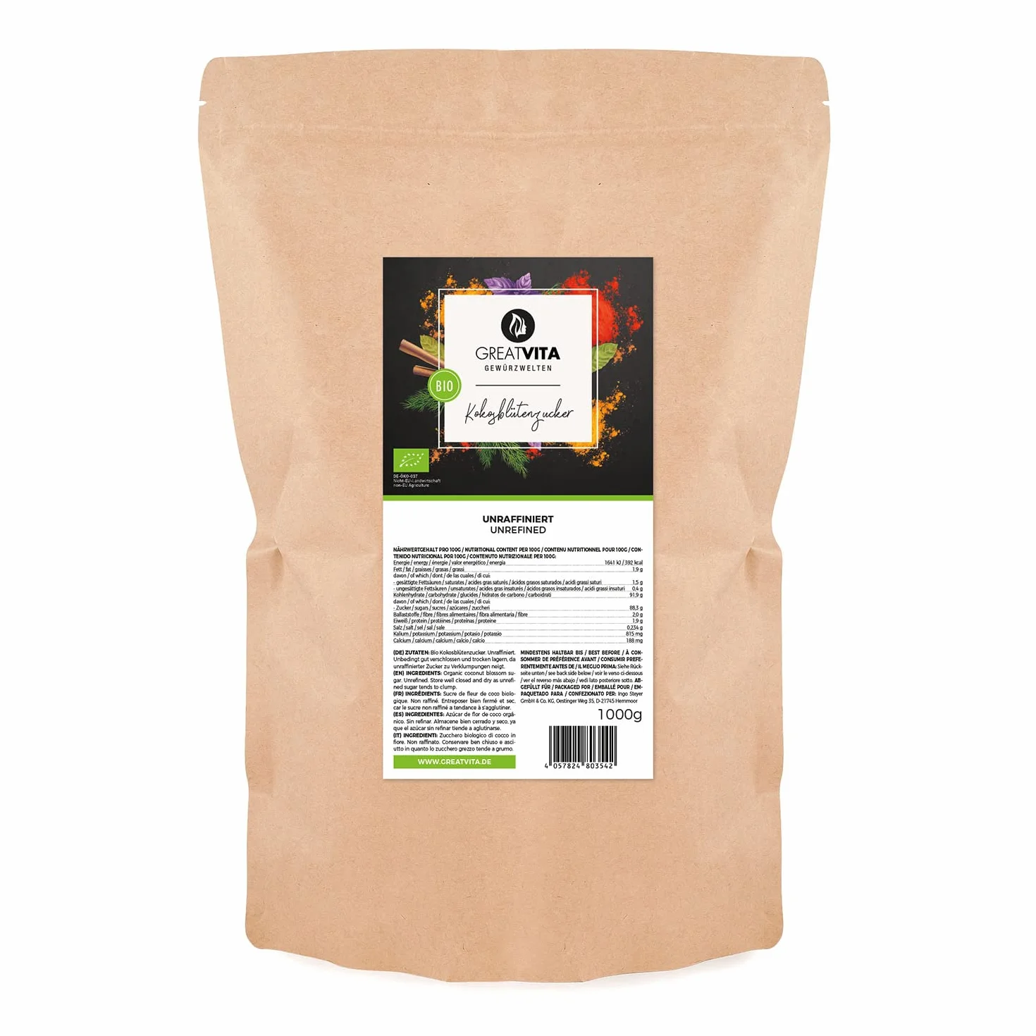 Mea Vita Sucre de fleur de coco biologique, non raffiné, paquet de 3 (3x 1000g) dans un sac