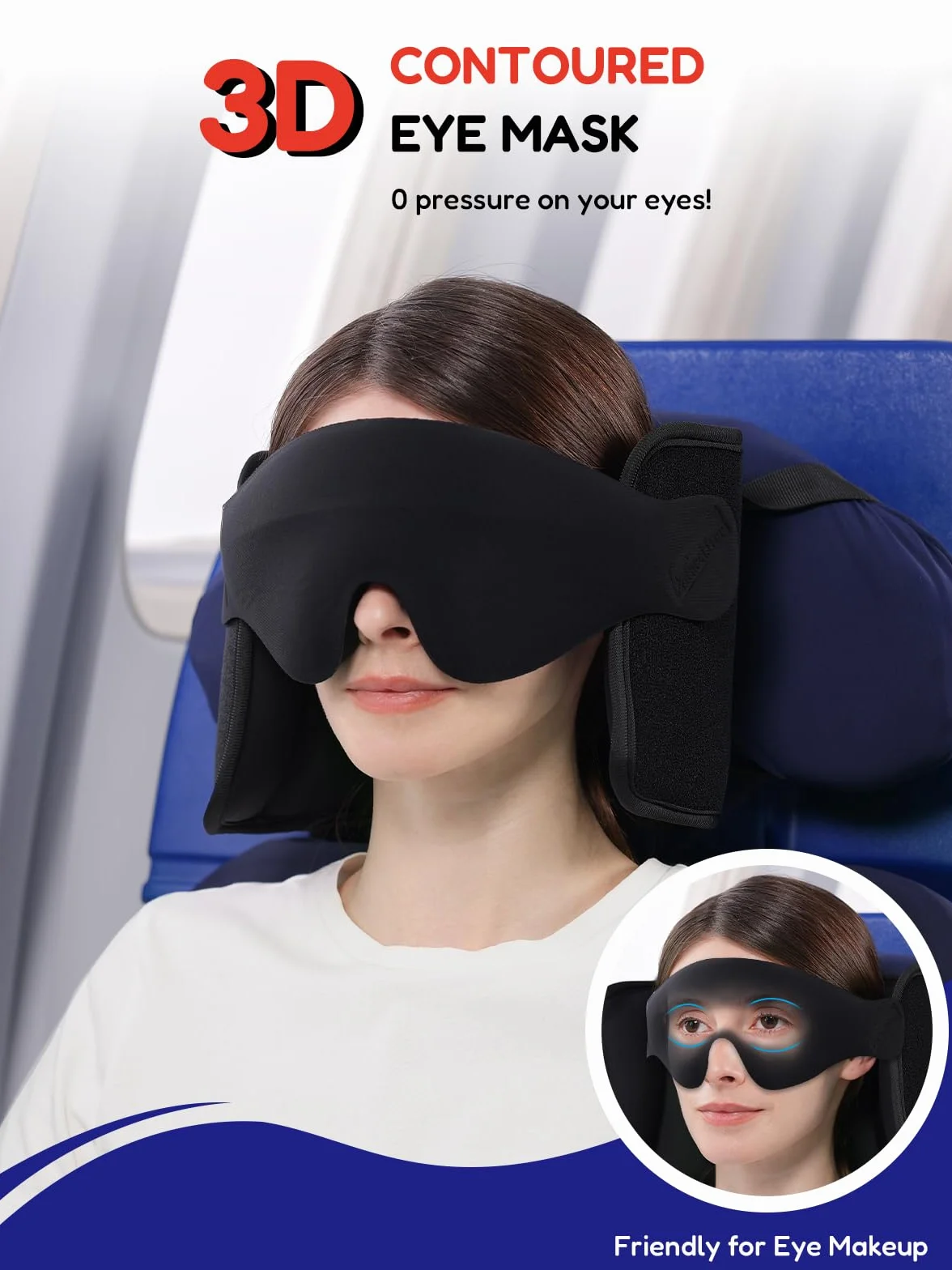 Oreiller de Voyage avec Sangle et Masque 3D Maintien Tête 360° Anti-Basculement Noir
