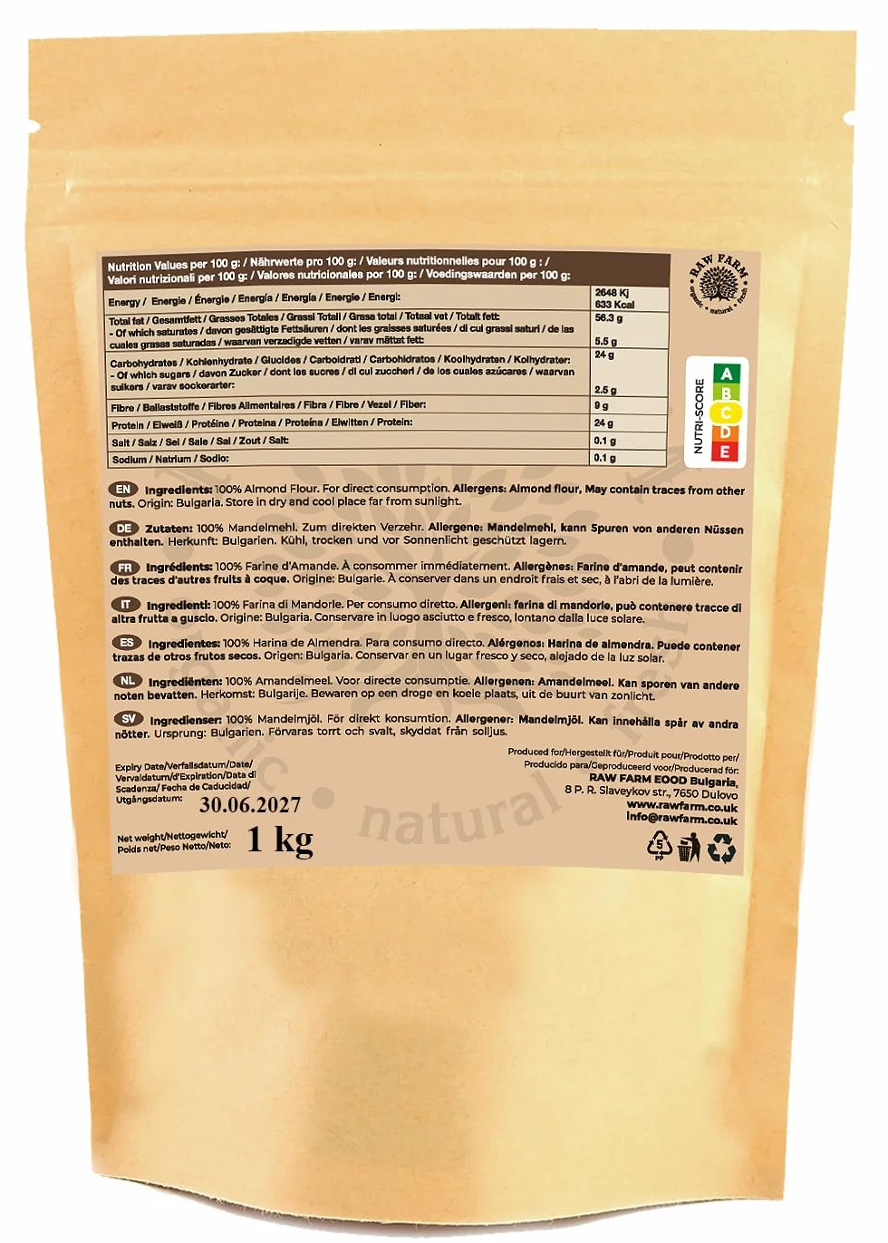 Raw Farm – Farine d’amandes 1 kg, finement moulue à partir d’amandes blanchies, sans gluten, compatible keto, idéale pour la pâtisserie, la cuisine et les recettes saines