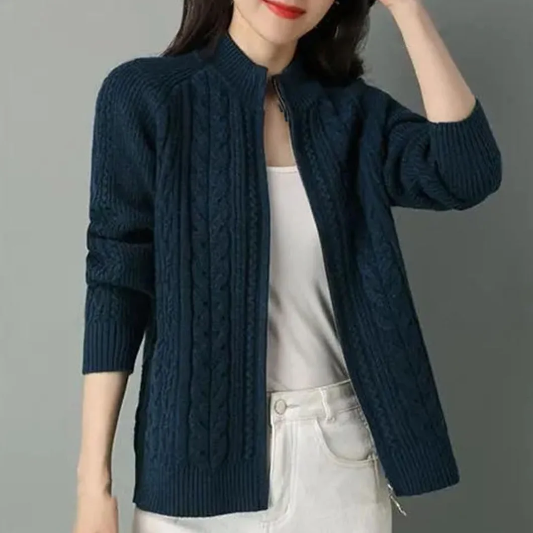 Cardigan Tricoté Femmes Demi-Col Haut Fermeture Éclair Manches Longues