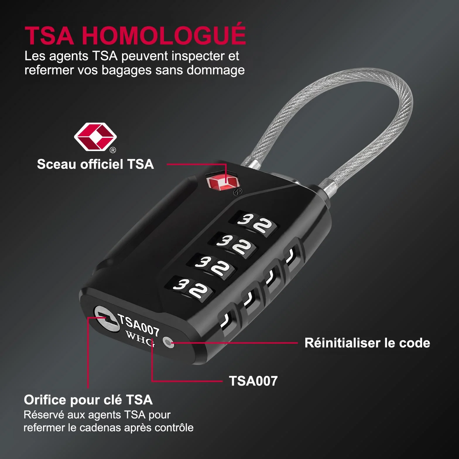 Serrure à Bagages TSA Lot de 2 Cadenas à Code 4 Chiffres Valise Combinaison Noir