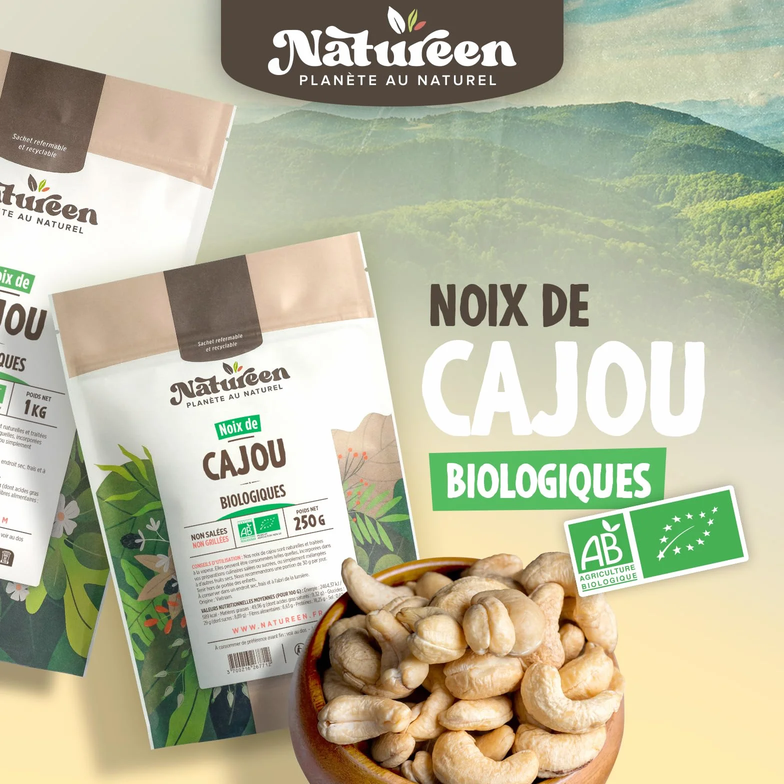 Noix de Cajou Bio 1 kg - Décortiquées - Non Salées - Non Grillées