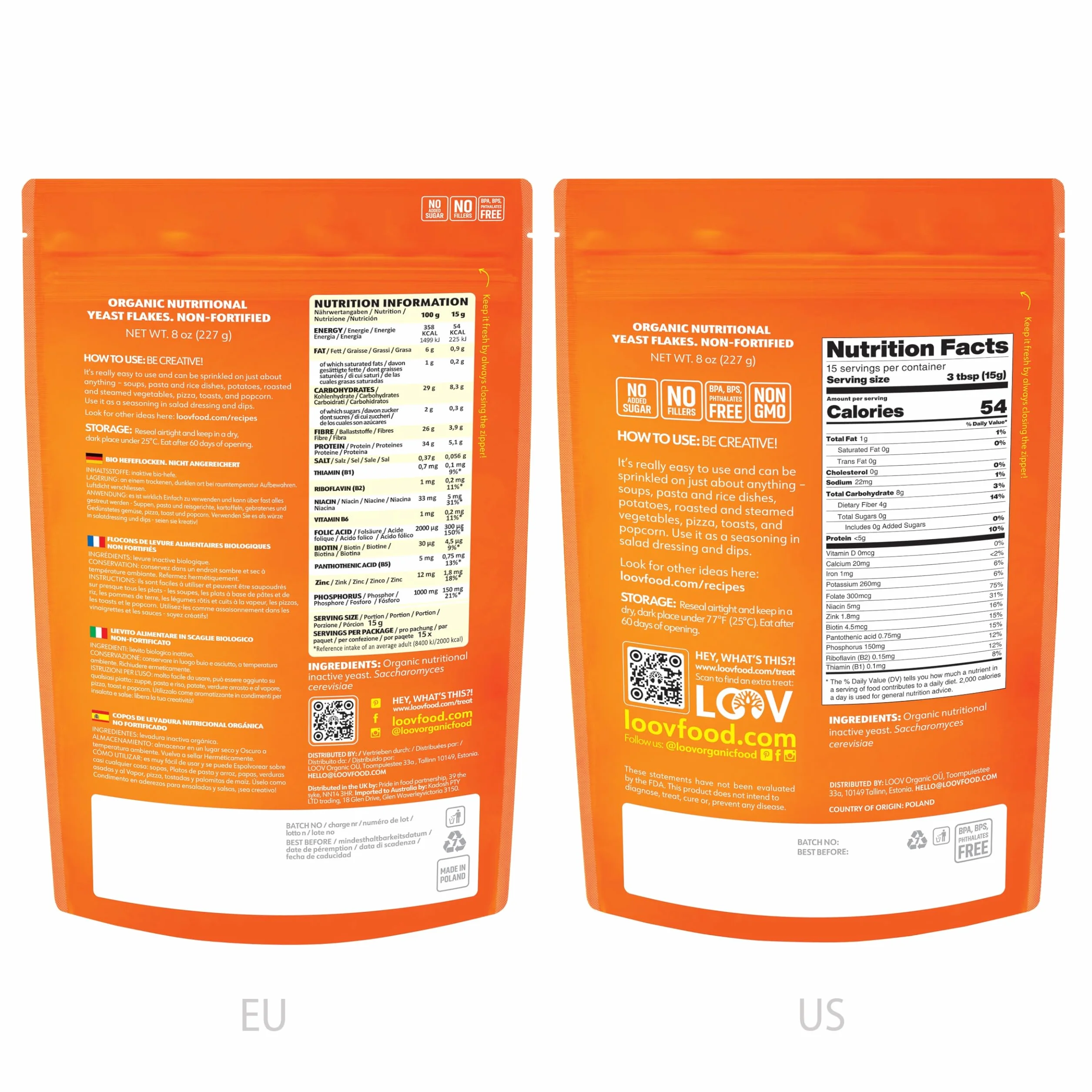 Flocons de levures alimentaires bio non-fortifiées de LOOV, Grillés, Végétaliens, sans OGM, sans gluten, bonne source de vitamines B, 227 g, sans vitamine ajoutée, sans sucre ajouté, sac refermable