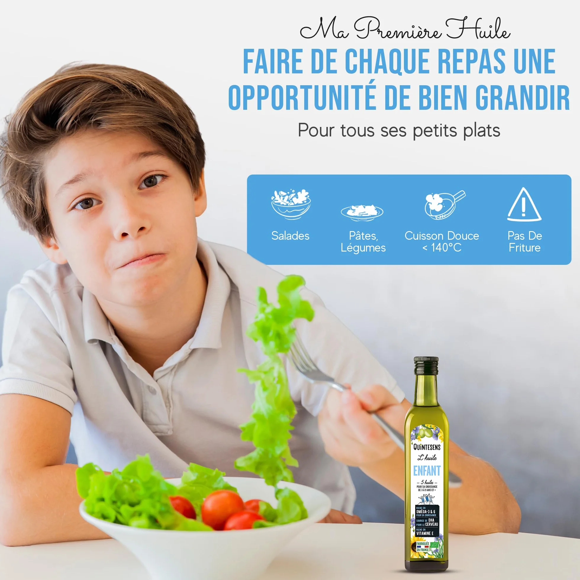 Lot 3 Huiles Enfant QUINTESENS 250ml - Apports en DHA, Oméga 3, 6 & 9 et Vitamine E pour un Développement Solide pour la Vie - Production 100% Française & Biologique