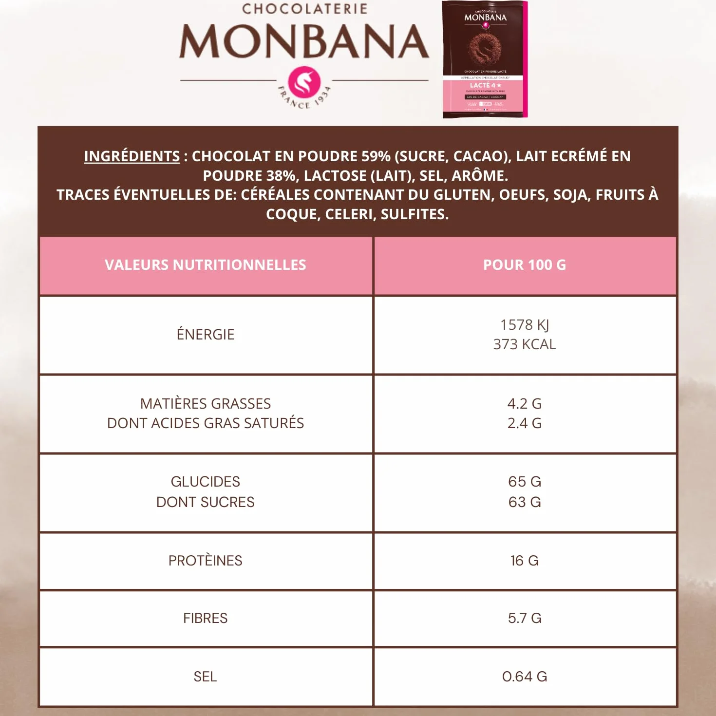 MONBANA | 20 sachets de chocolat Lacté 4* | Doses individuelles de 30 g de chocolat en poudre à déguster tout au long de la journée
