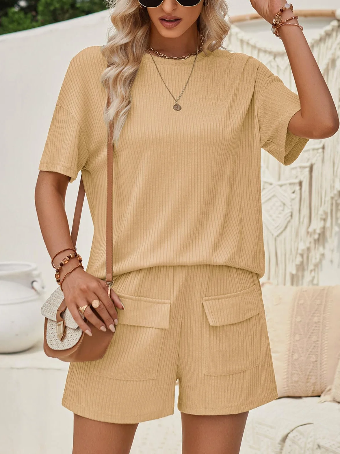 Rayson Ensemble Femme 2 pièces Pantalon Courte Haut Col Rond Survêtement